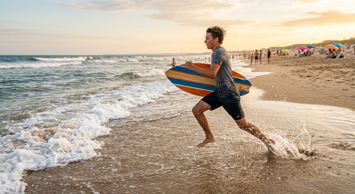 Skimboarder en pleine action drop chase ride sur shorebreak