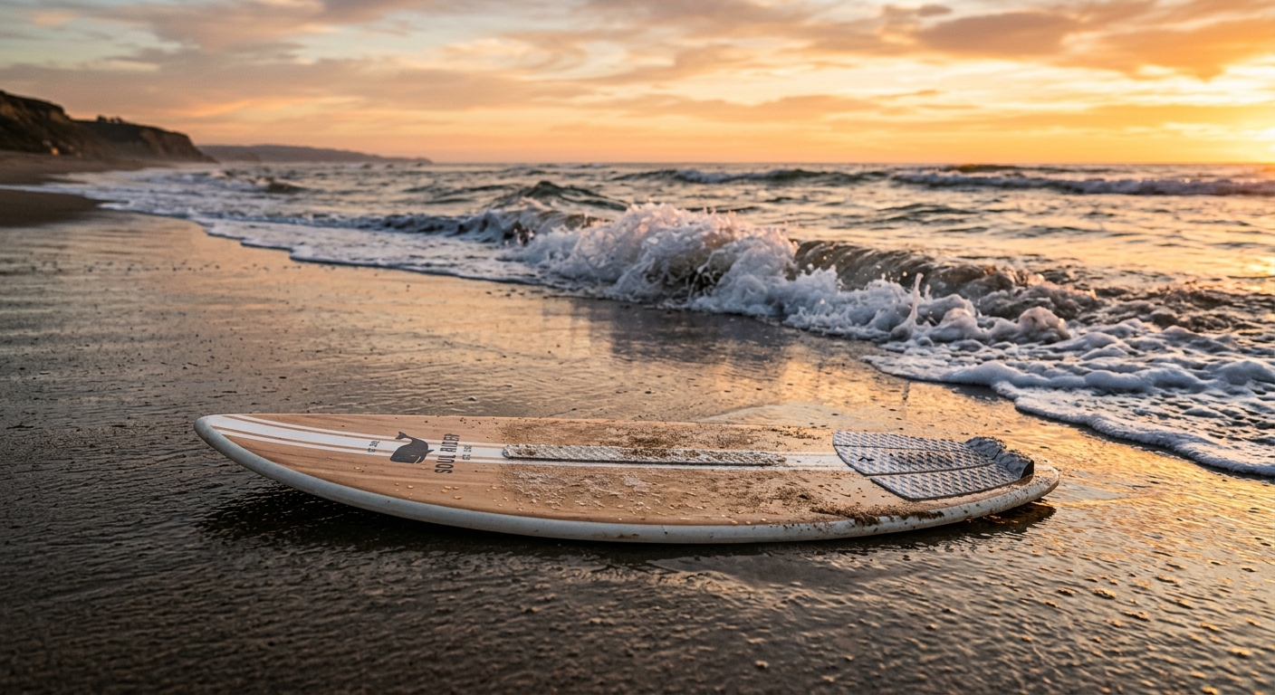 Skimboard posé sur le sable mouillé au bord de l'eau