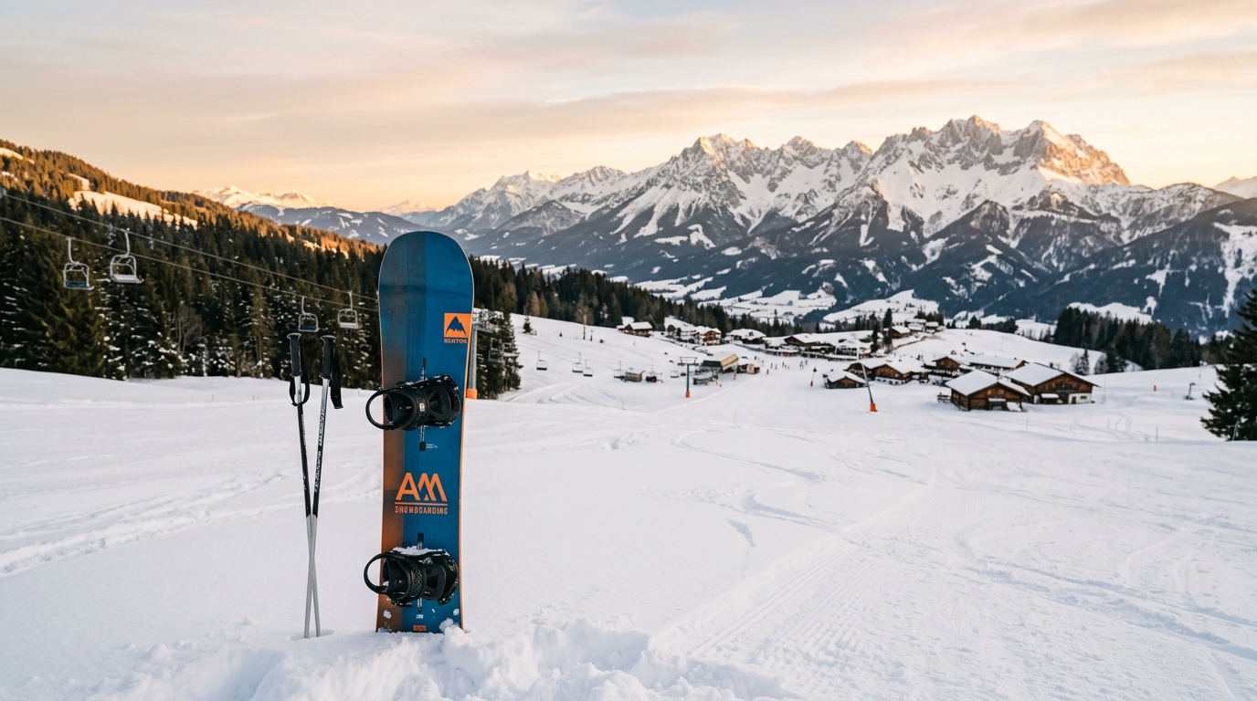 Snowboard all-mountain planté dans la neige sur une piste calme au lever du jour