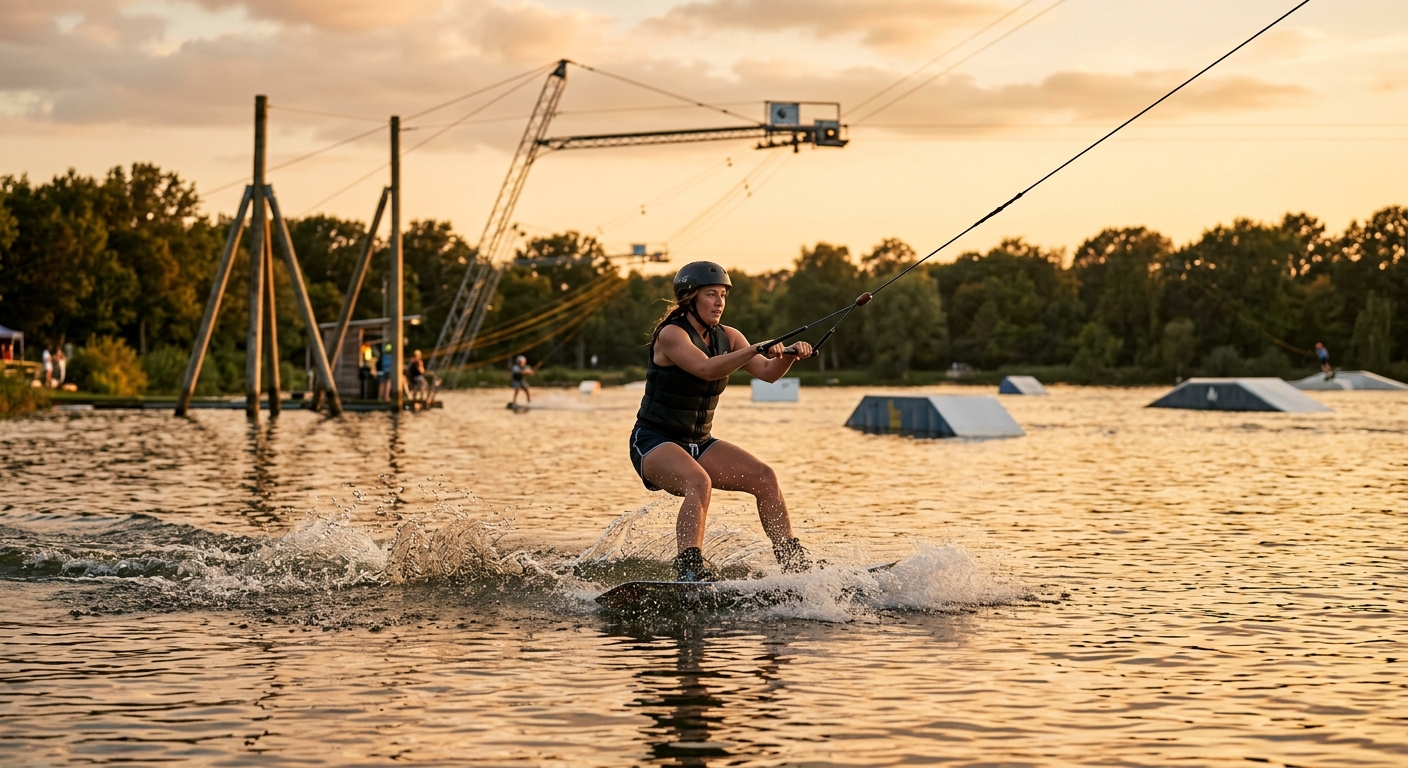 Débutant wakeboard premier passage en cable park avec le câble