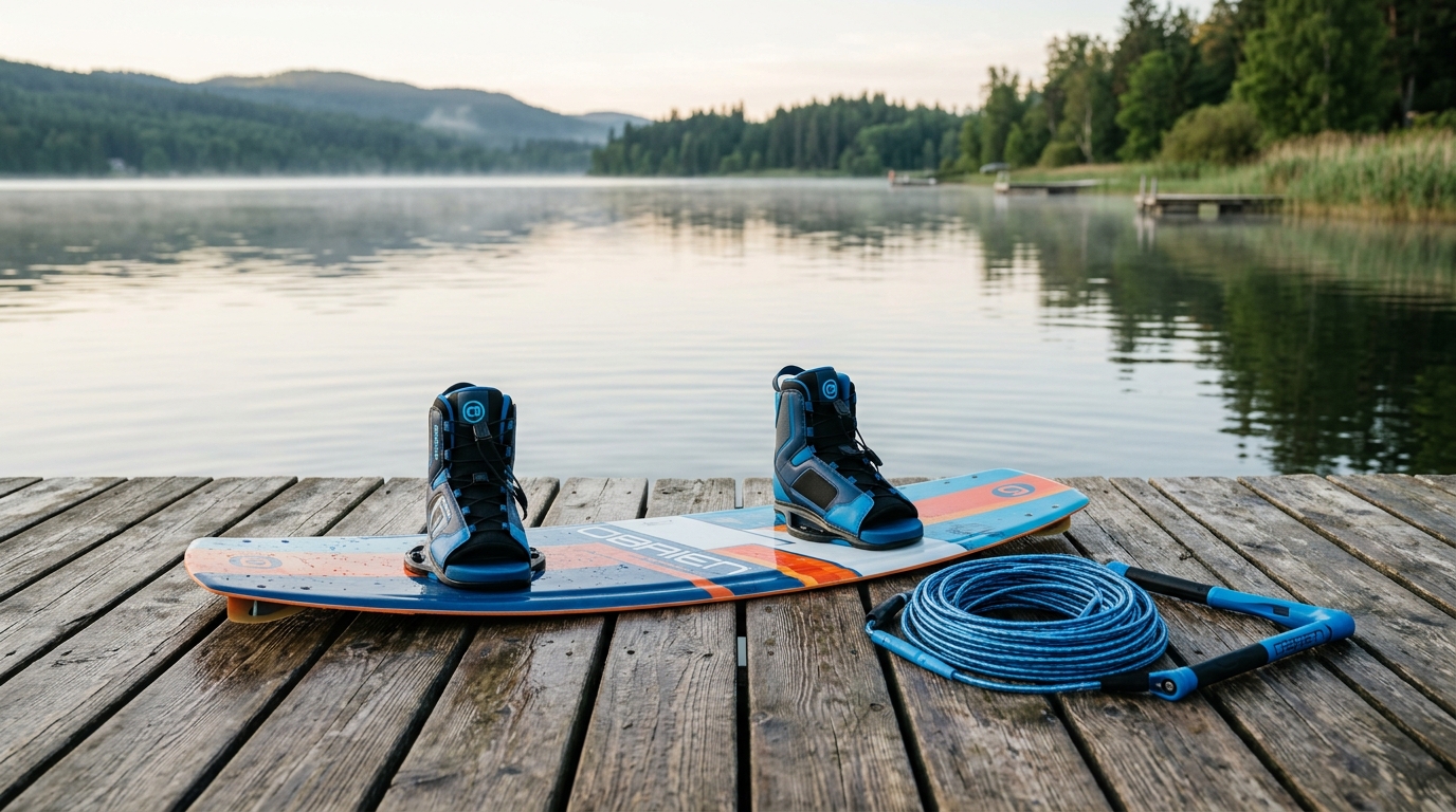 Planche de wakeboard débutant et palonnier posés sur un ponton en bois
