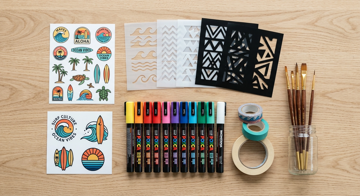Flat lay de matériel de personnalisation : marqueurs Posca, pochoirs, stickers et pinceaux
