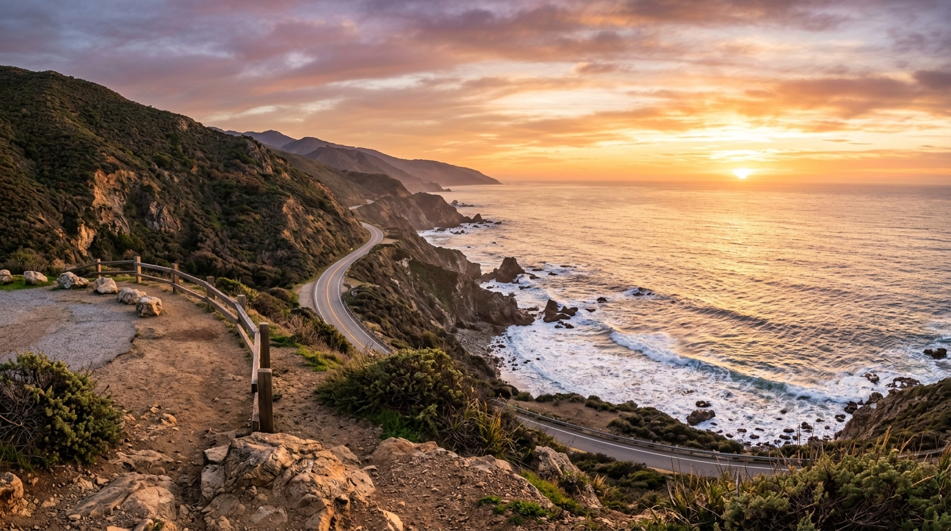 Côte californienne au coucher de soleil sur la Pacific Highway 1