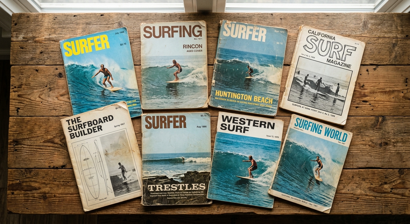Magazines de surf californiens vintage en flat lay sur bois