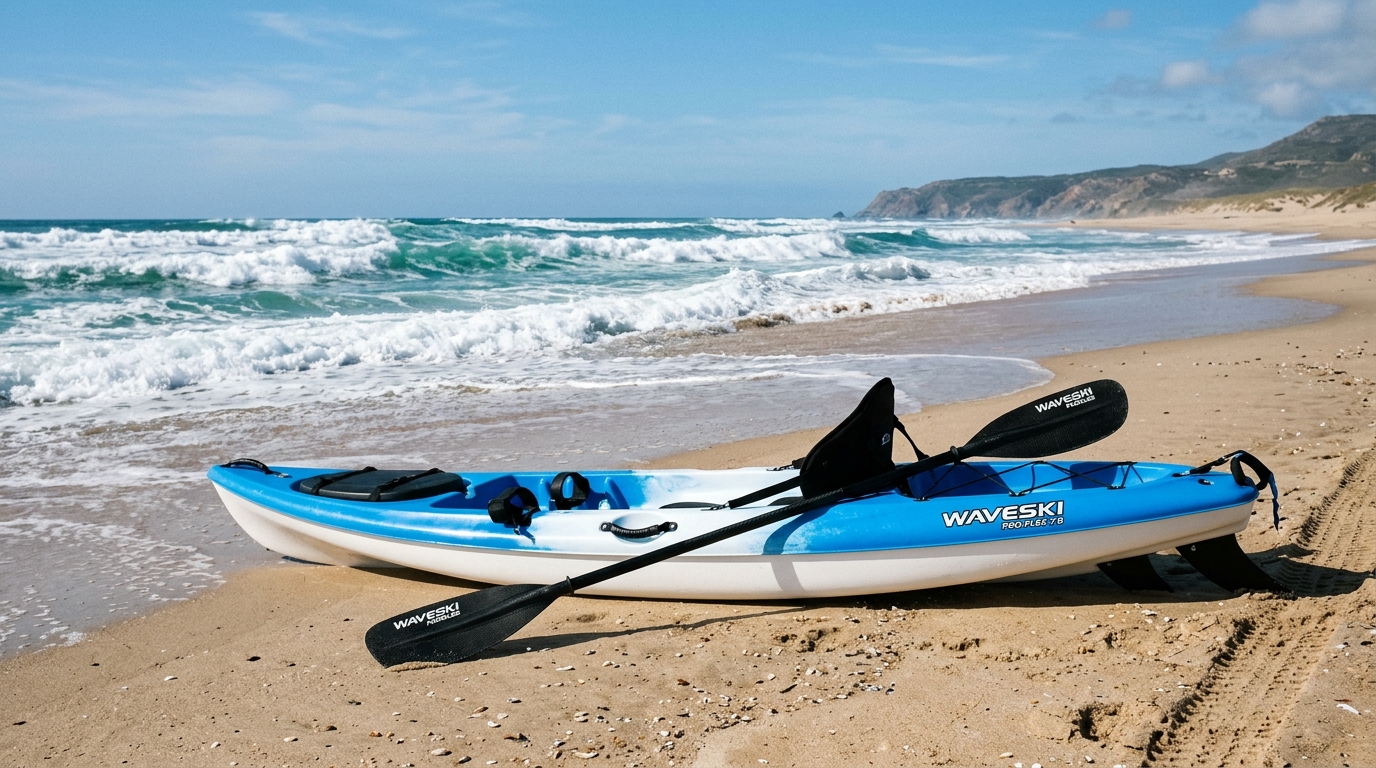 Waveski et pagaie double posés sur la plage près des vagues