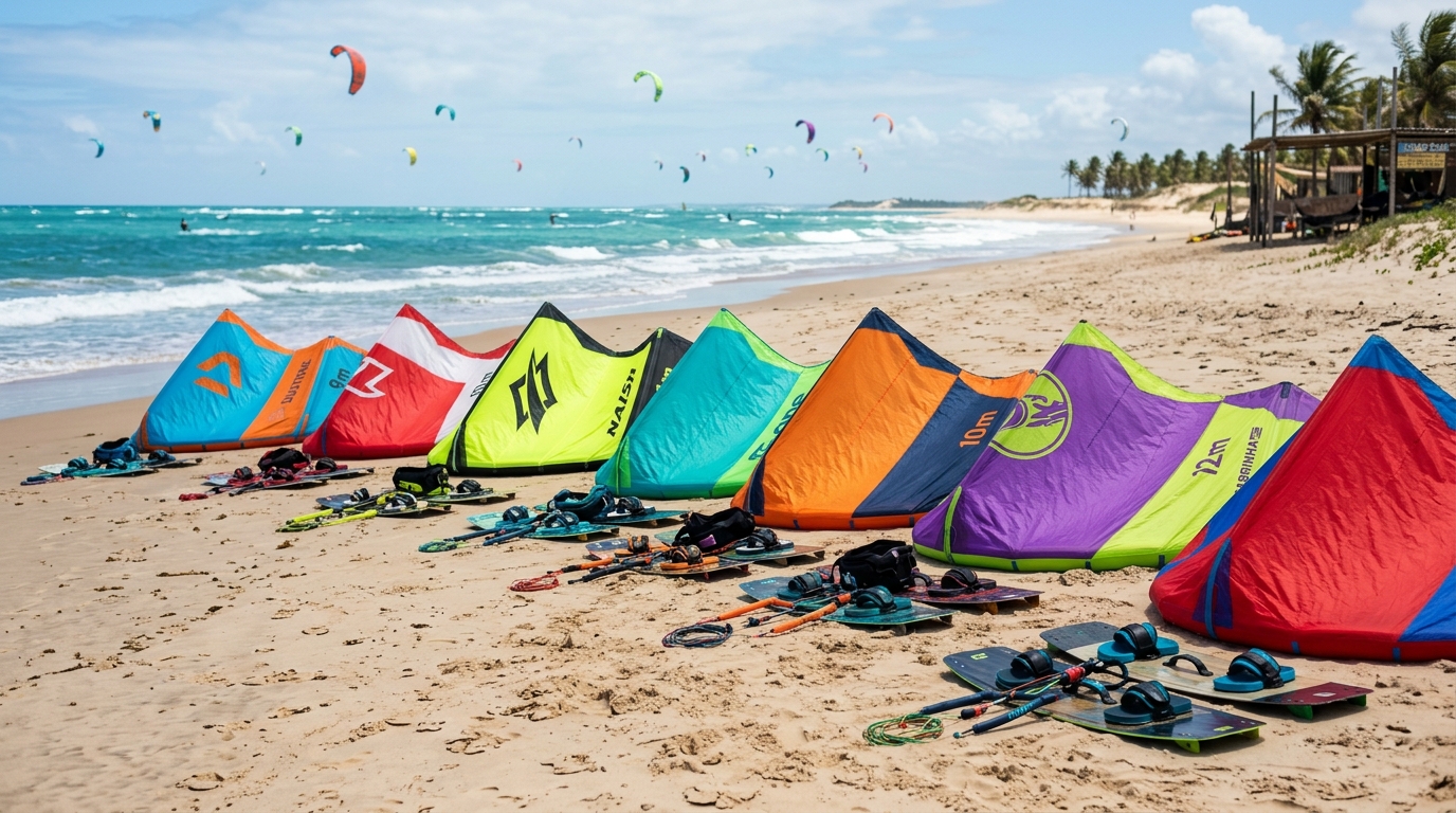 Ailes de kitesurf alignées sur la plage d'une école face à la mer