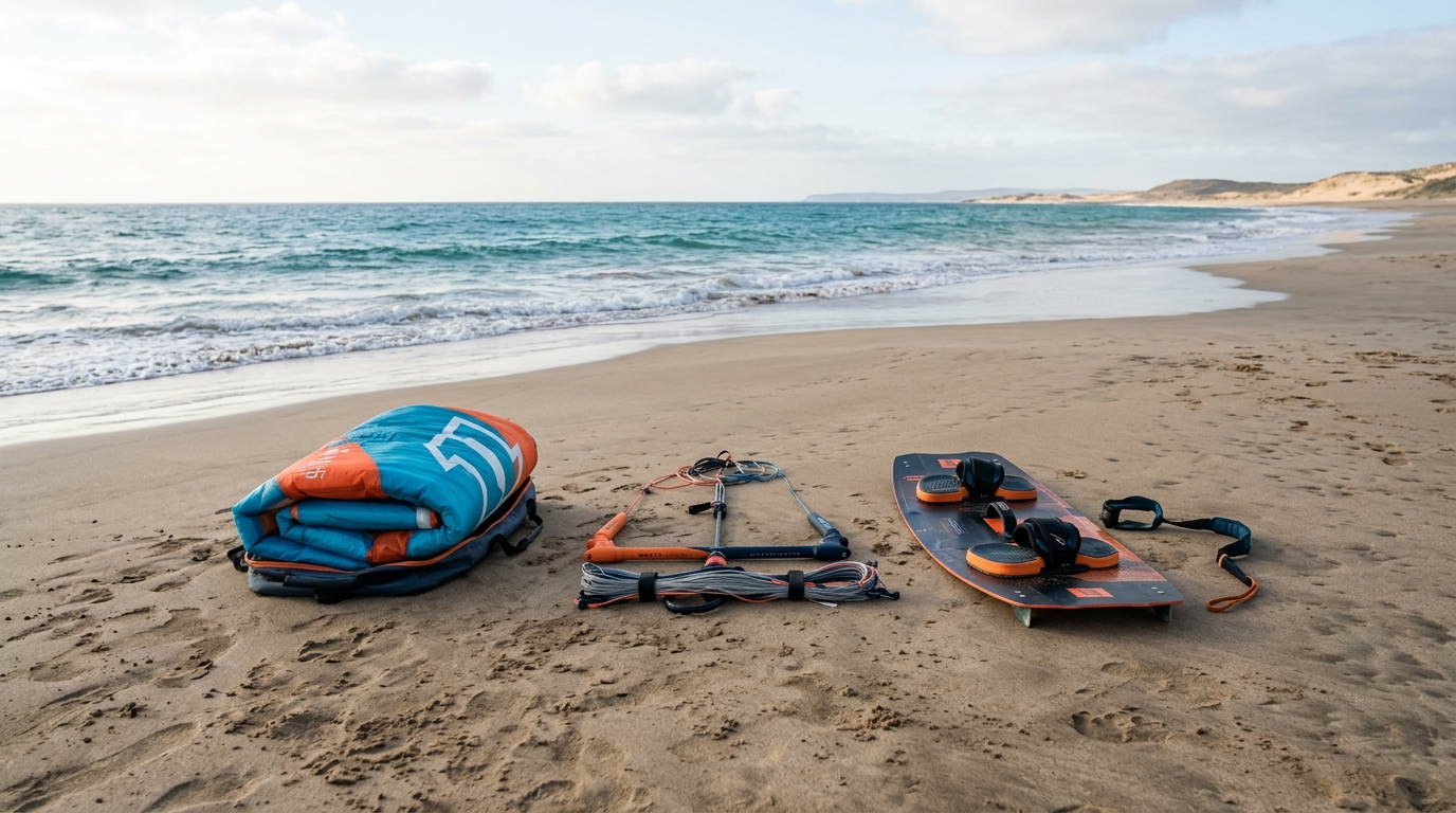 Matériel de kitesurf aile barre lignes et board posé sur la plage