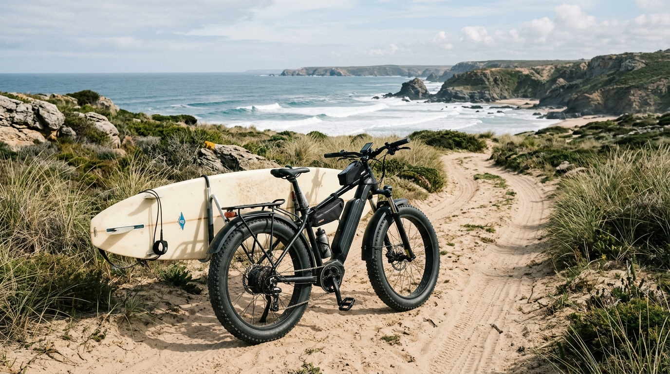 Fatbike électrique avec planche de surf sur une piste menant à un spot reculé