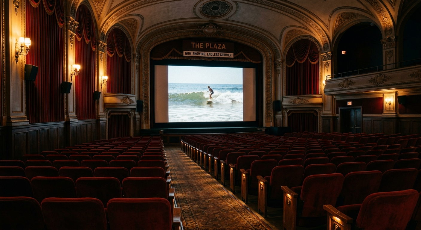 Cinéma vintage atmosphérique avec écran de film de surf classique