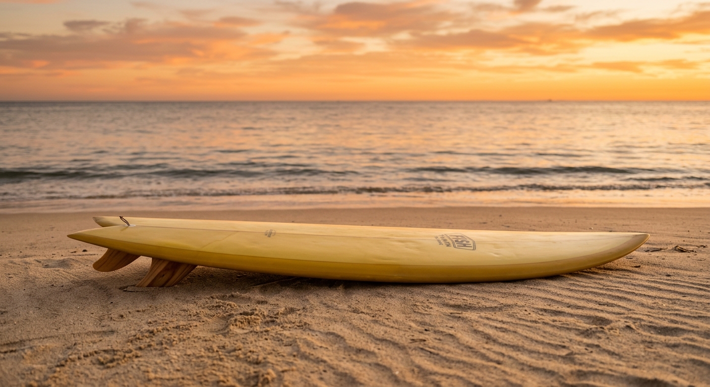 Fish board surf sur le sable au coucher de soleil