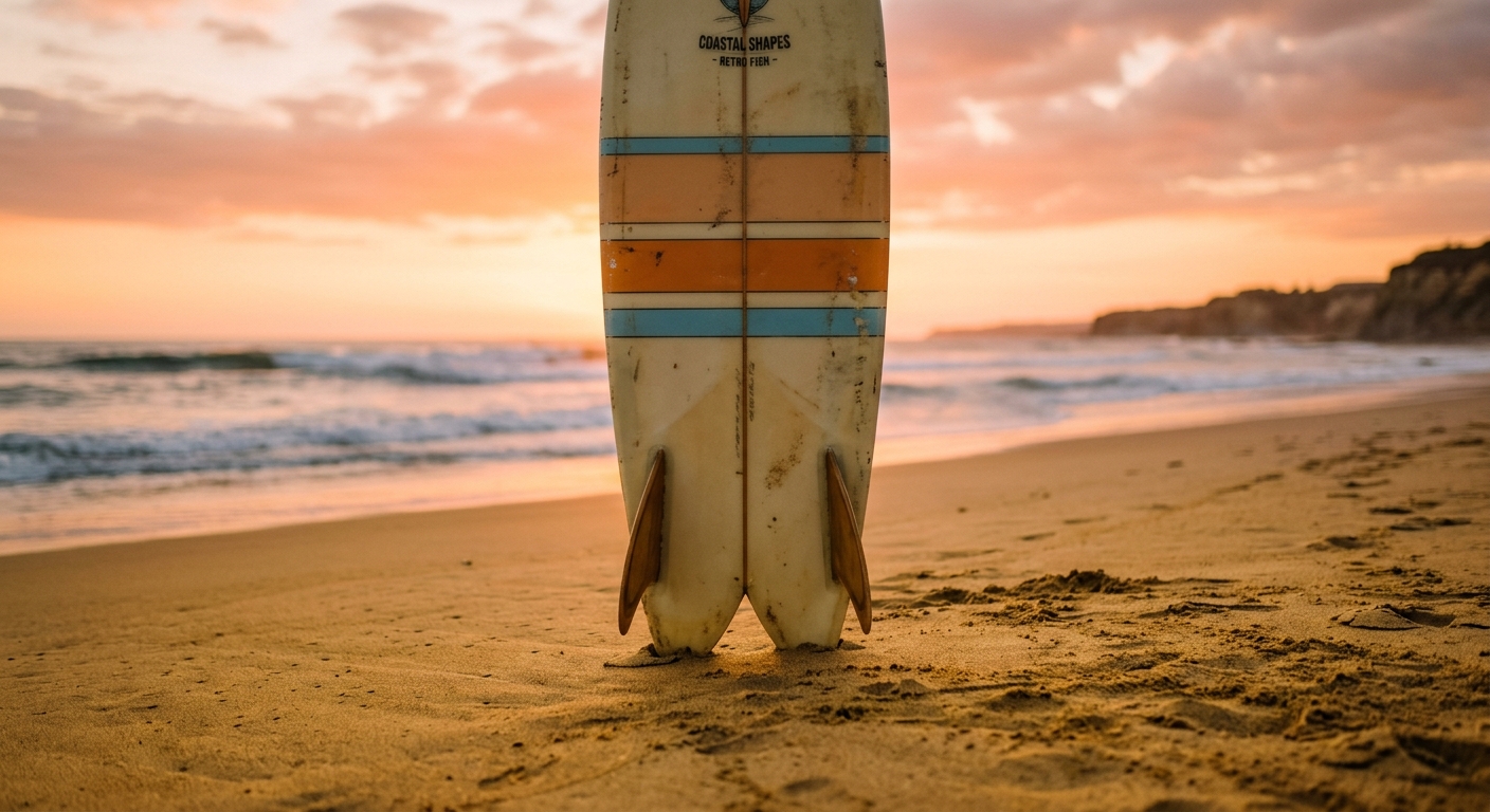 Planche de surf fish retro plantée dans le sable au coucher de soleil