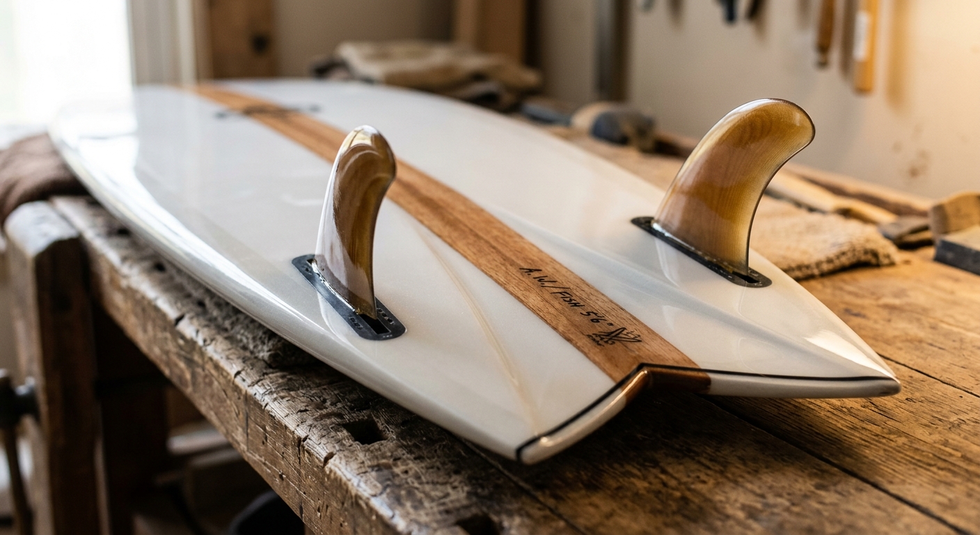 Swallow tail fish board avec twin keel fins gros plan