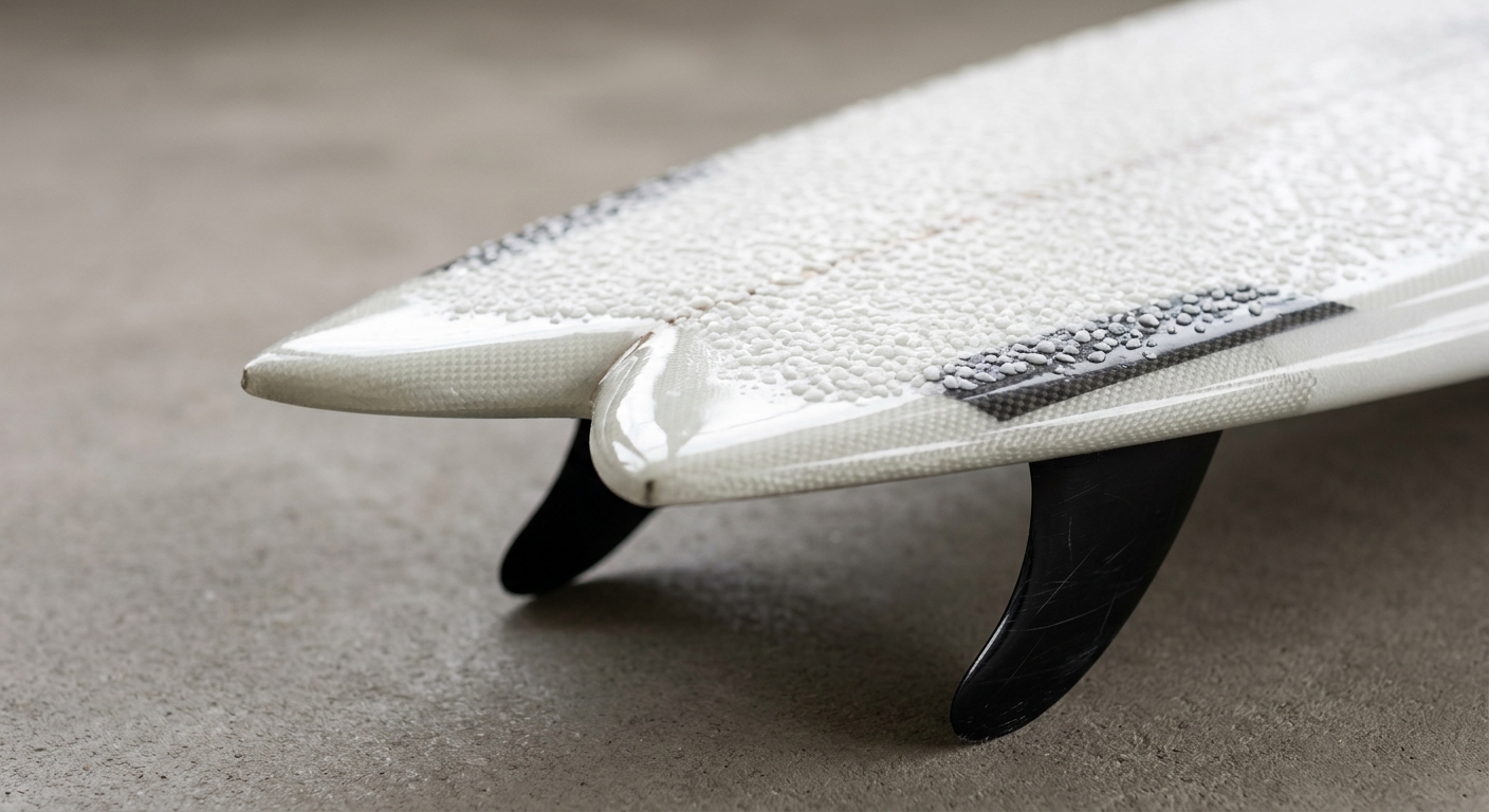 Gros plan sur le swallow tail d'une planche fish avec deux dérives twin