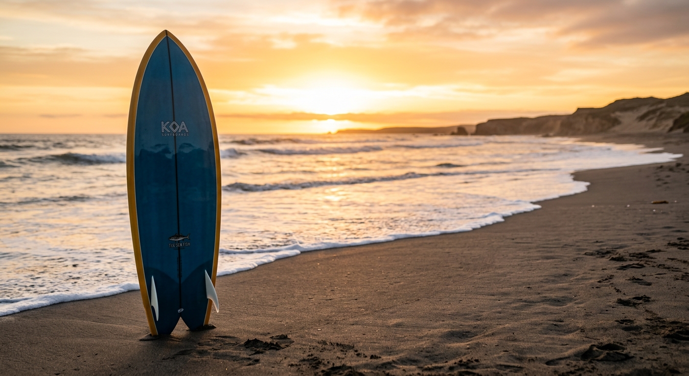Planche de surf fish plantee dans le sable au coucher de soleil, profil