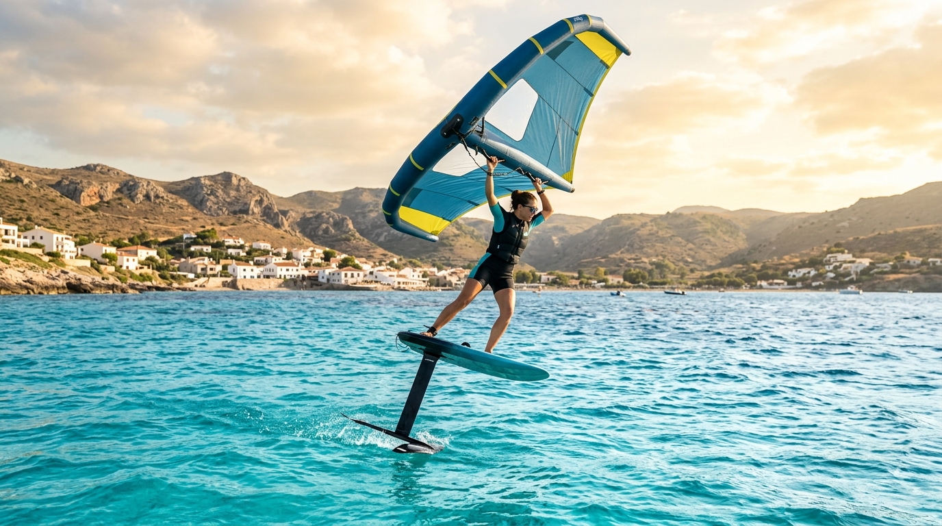 Rider en wing foil en transition au-dessus d'un lagon turquoise