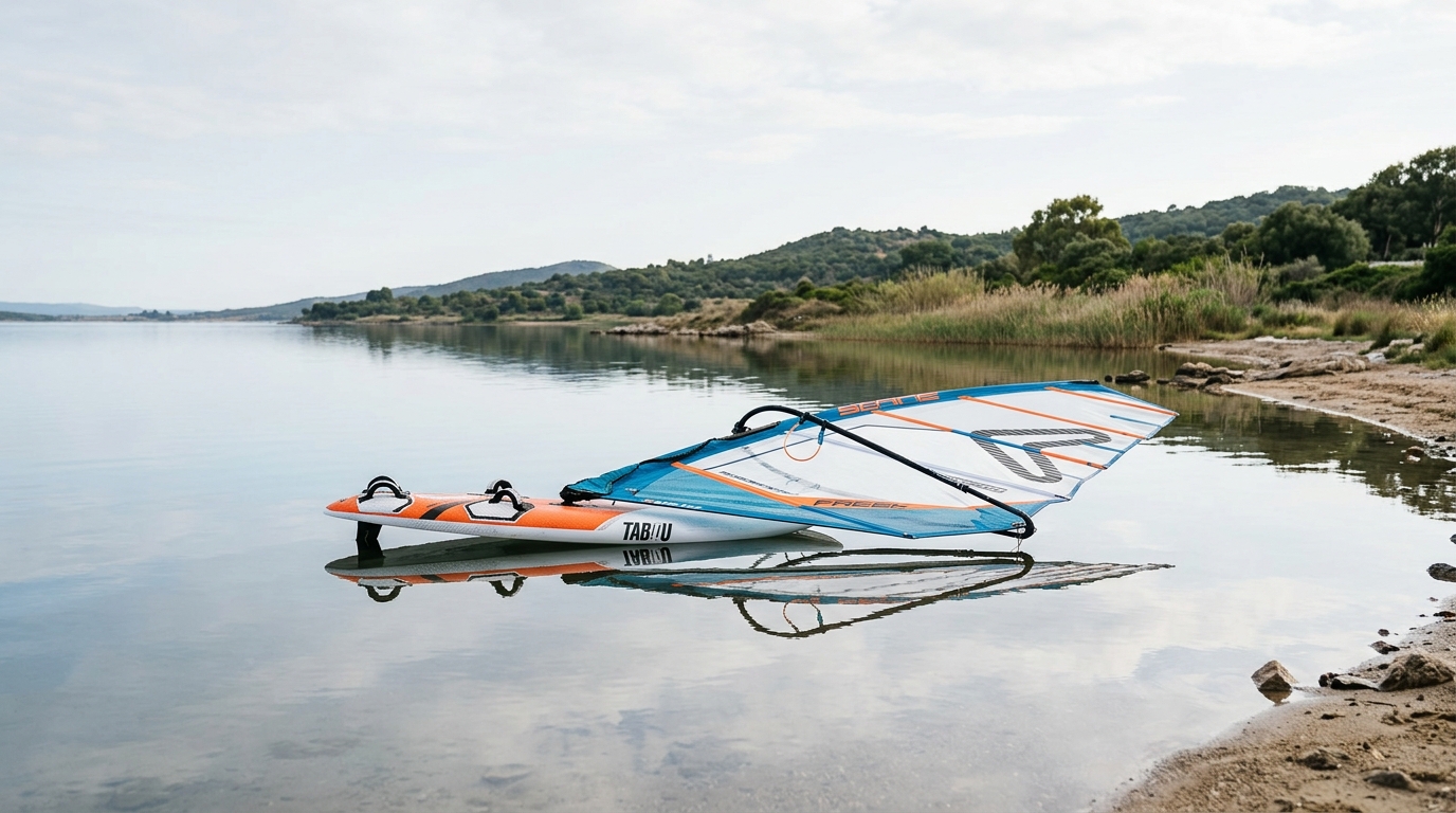 Planche freestyle windsurf courte et voile sur plan d eau plat