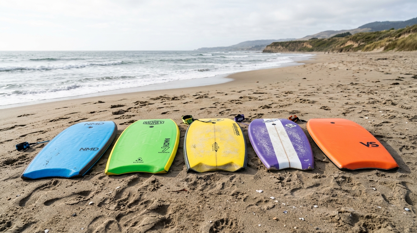 Plusieurs bodyboards de types différents posés ensemble sur le sable de la plage