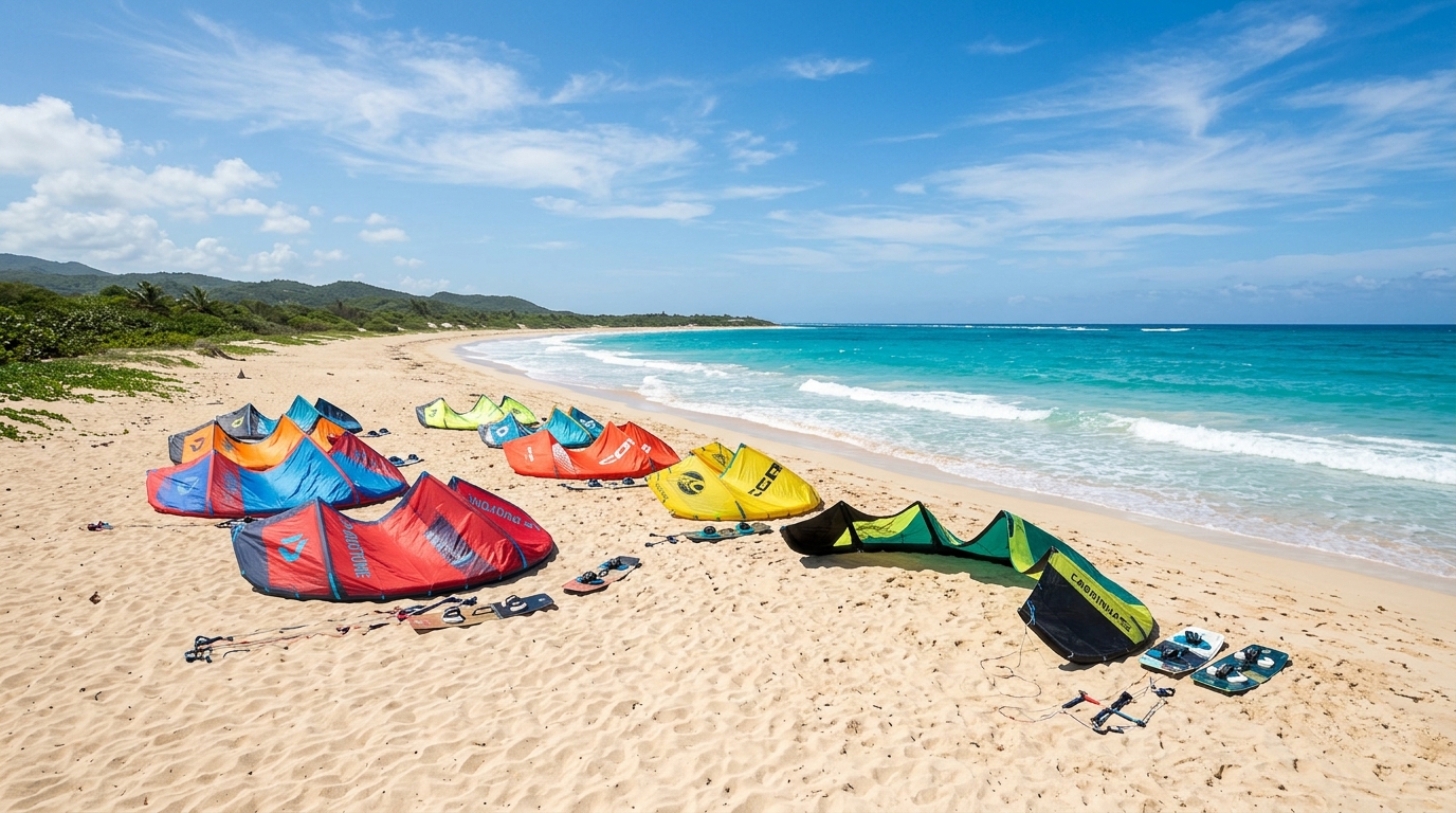Plusieurs ailes de kitesurf et boards disposés en panorama sur la plage