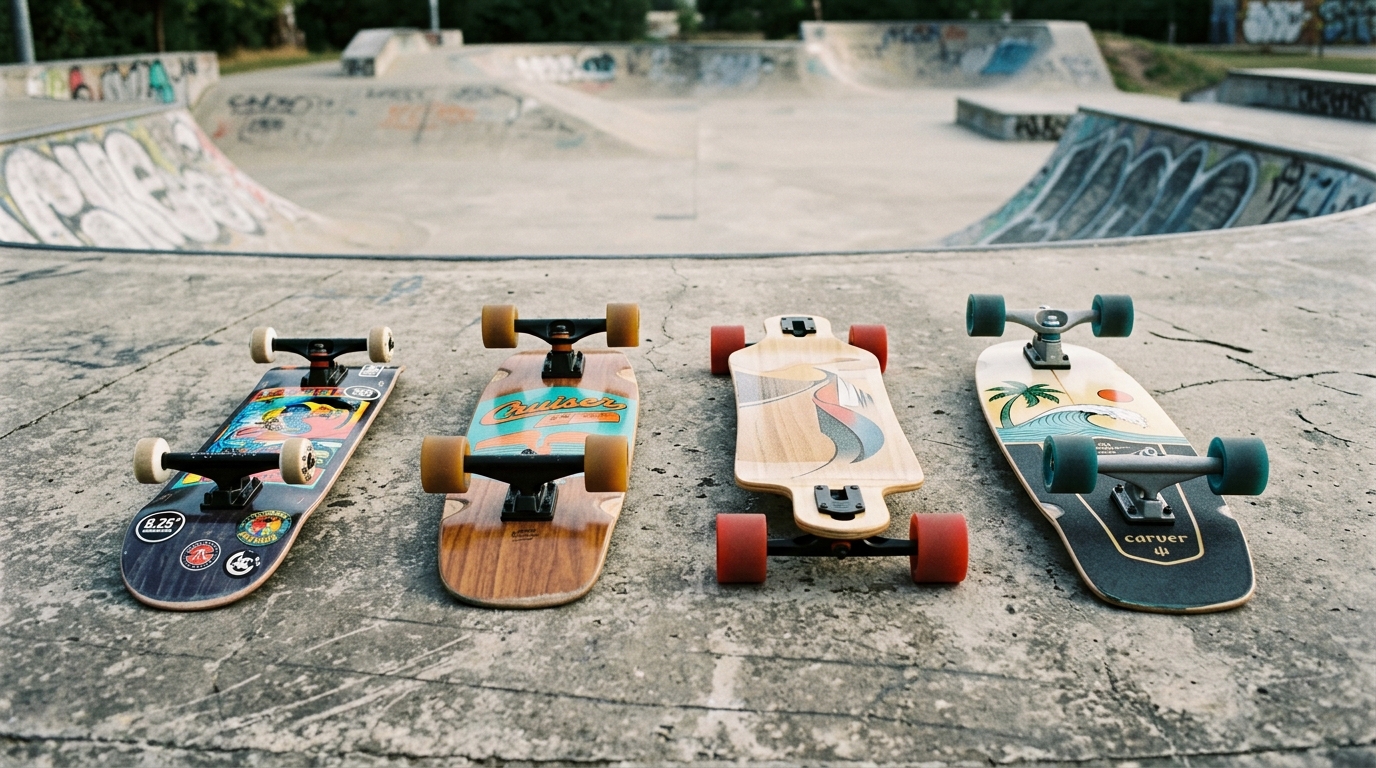 Plusieurs skateboards de types différents alignés au sol