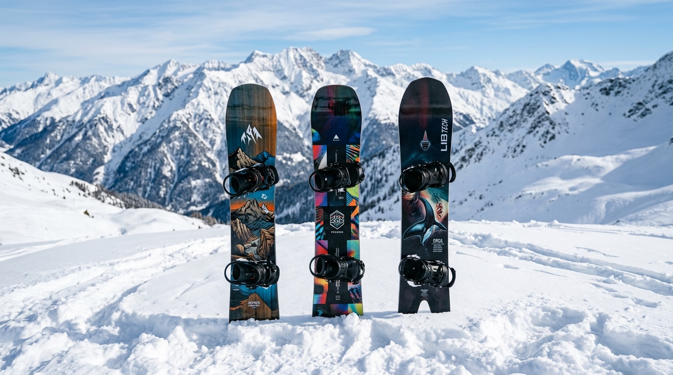 Plusieurs planches de snowboard de types différents alignées dans la neige