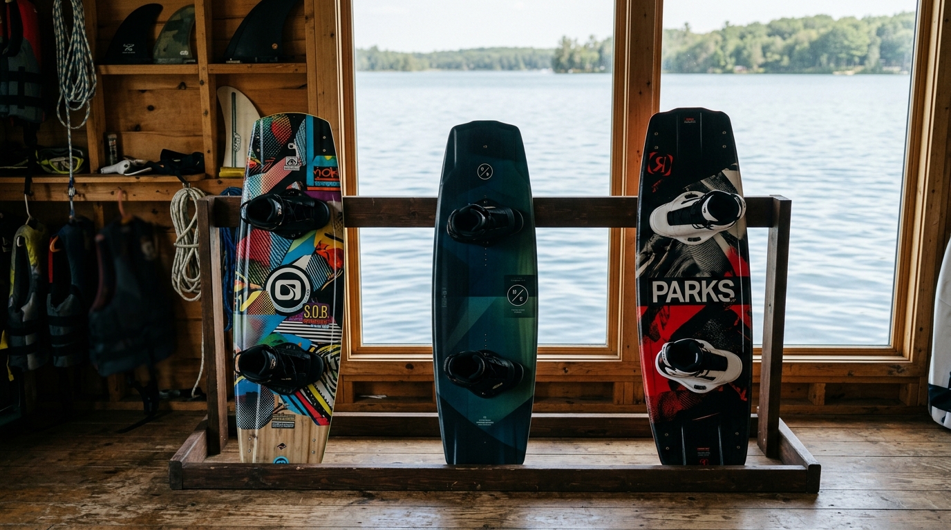 Plusieurs planches de wakeboard de types différents alignées sur un râtelier