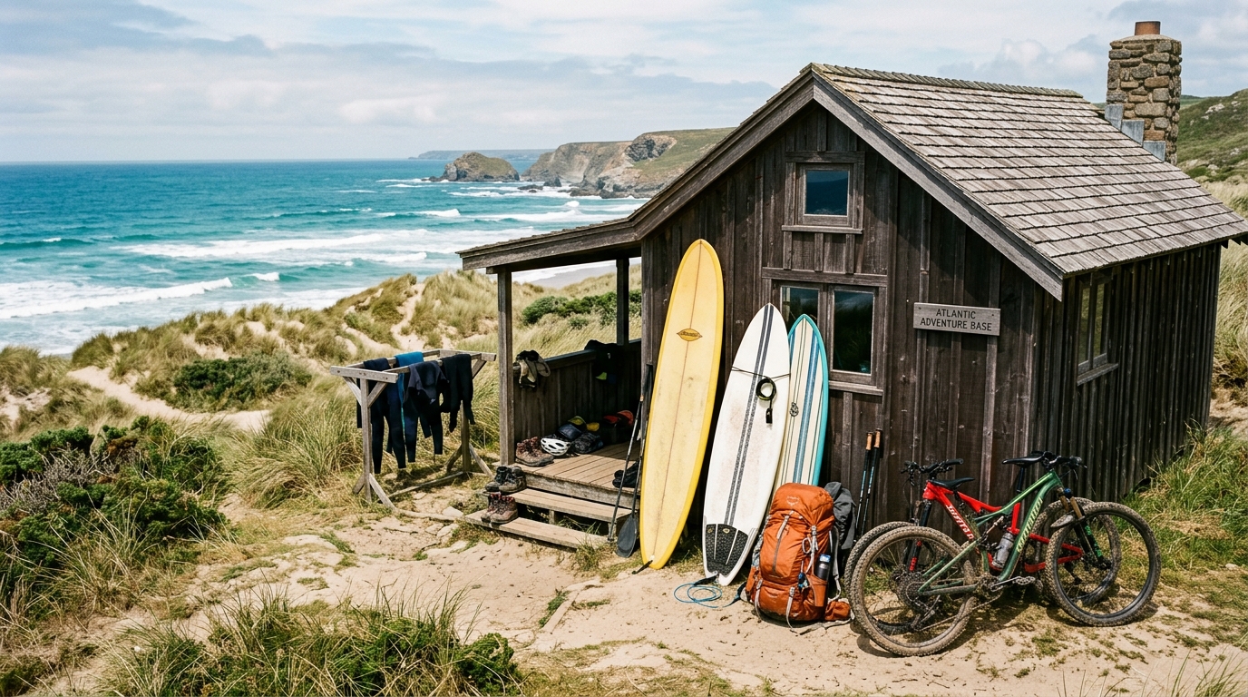 Matériel outdoor et planches de surf devant un site nature en bord de mer