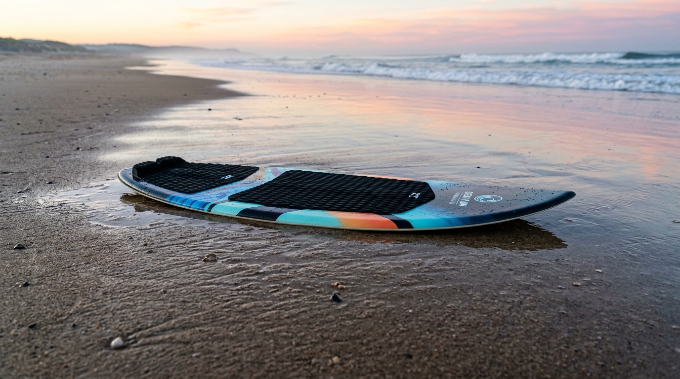 Planche de skimboard moderne posee sur le sable mouille a maree basse a l'aube, lumiere douce