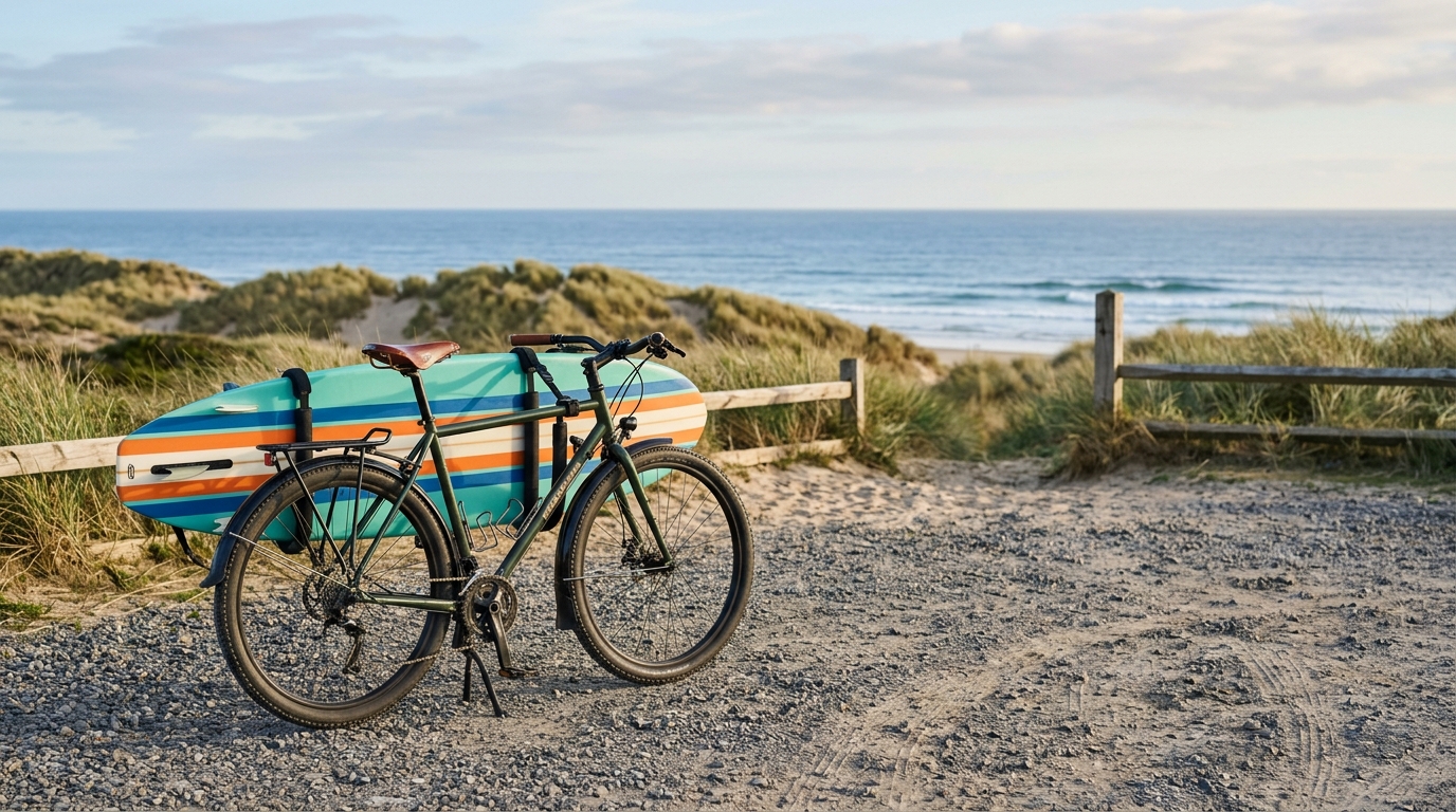 Vélo équipé d'un rack latéral avec planche de surf montée
