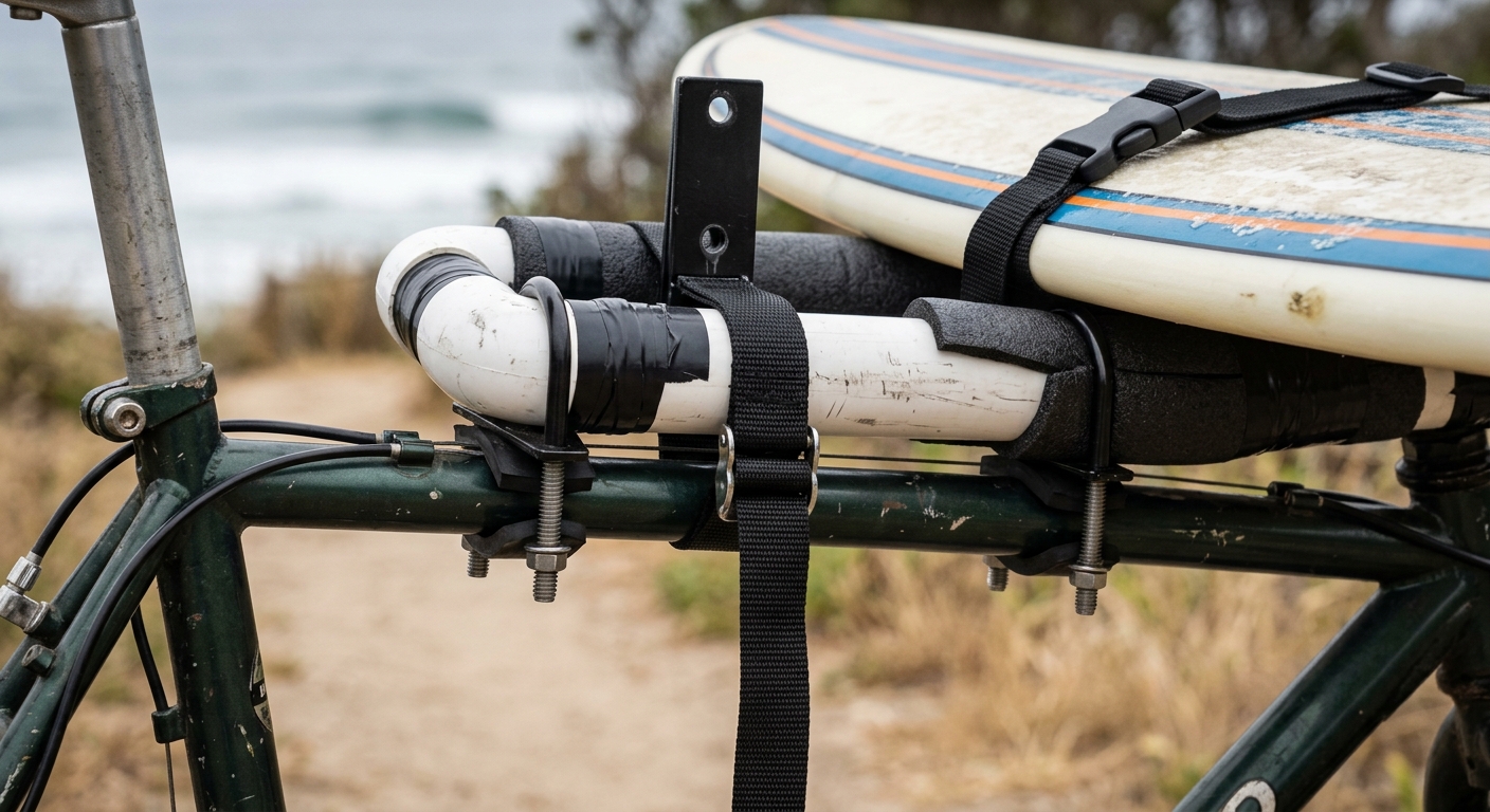 Detail d un rack de surf DIY en tube PVC et sangles fixe sur un cadre de velo