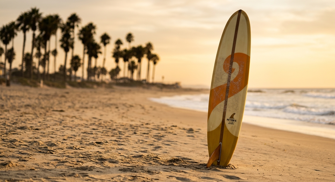 Longboard single fin planté dans le sable, vibe Californie vintage