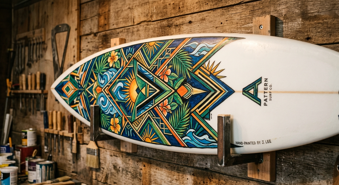 Planche de surf décorée à la main, motifs graphiques art déco sur fiberglass