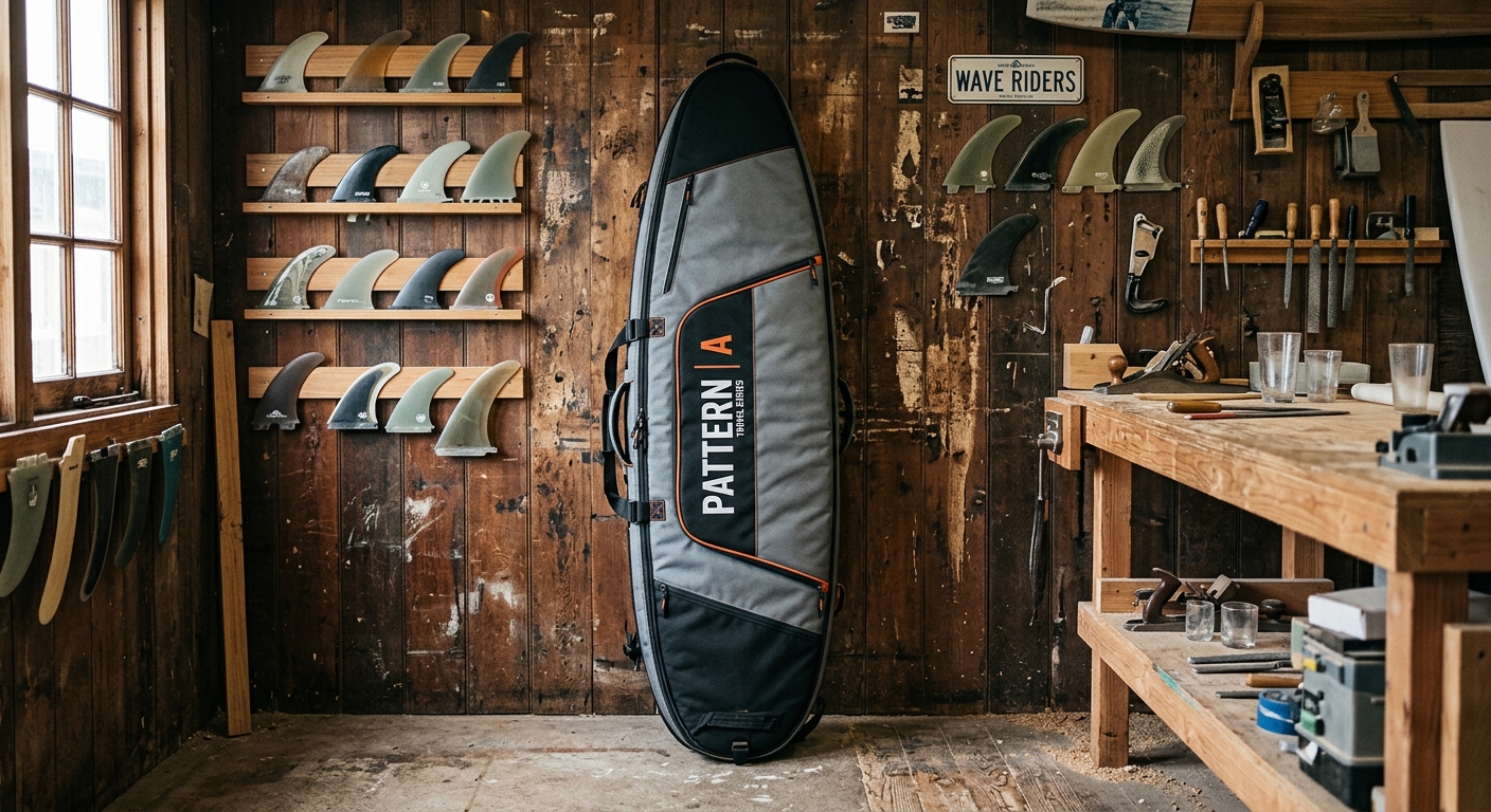 Housse de planche de surf debout dans atelier shaper, lumière chaude