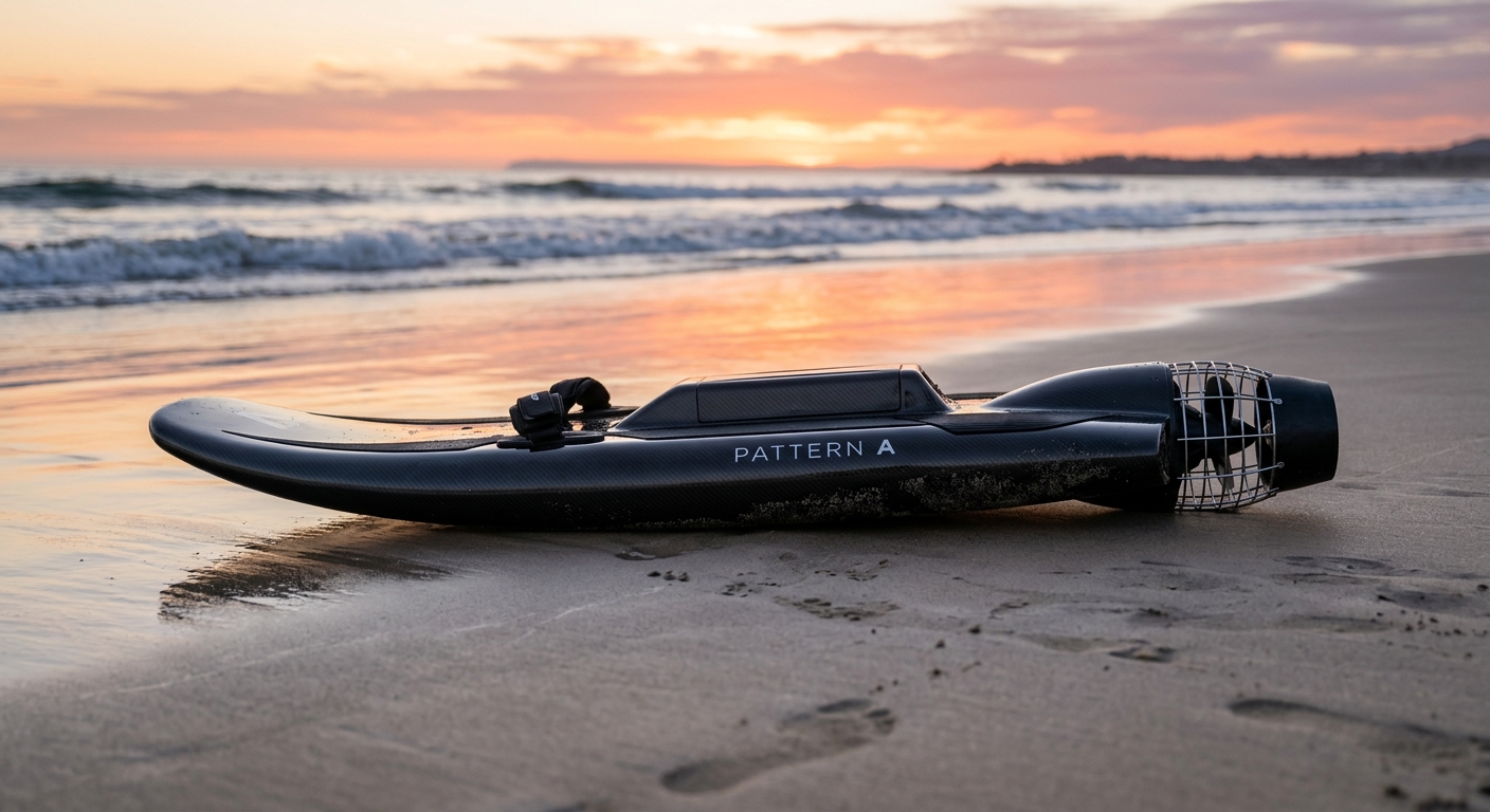 Planche de surf électrique posée sur le sable au coucher de soleil
