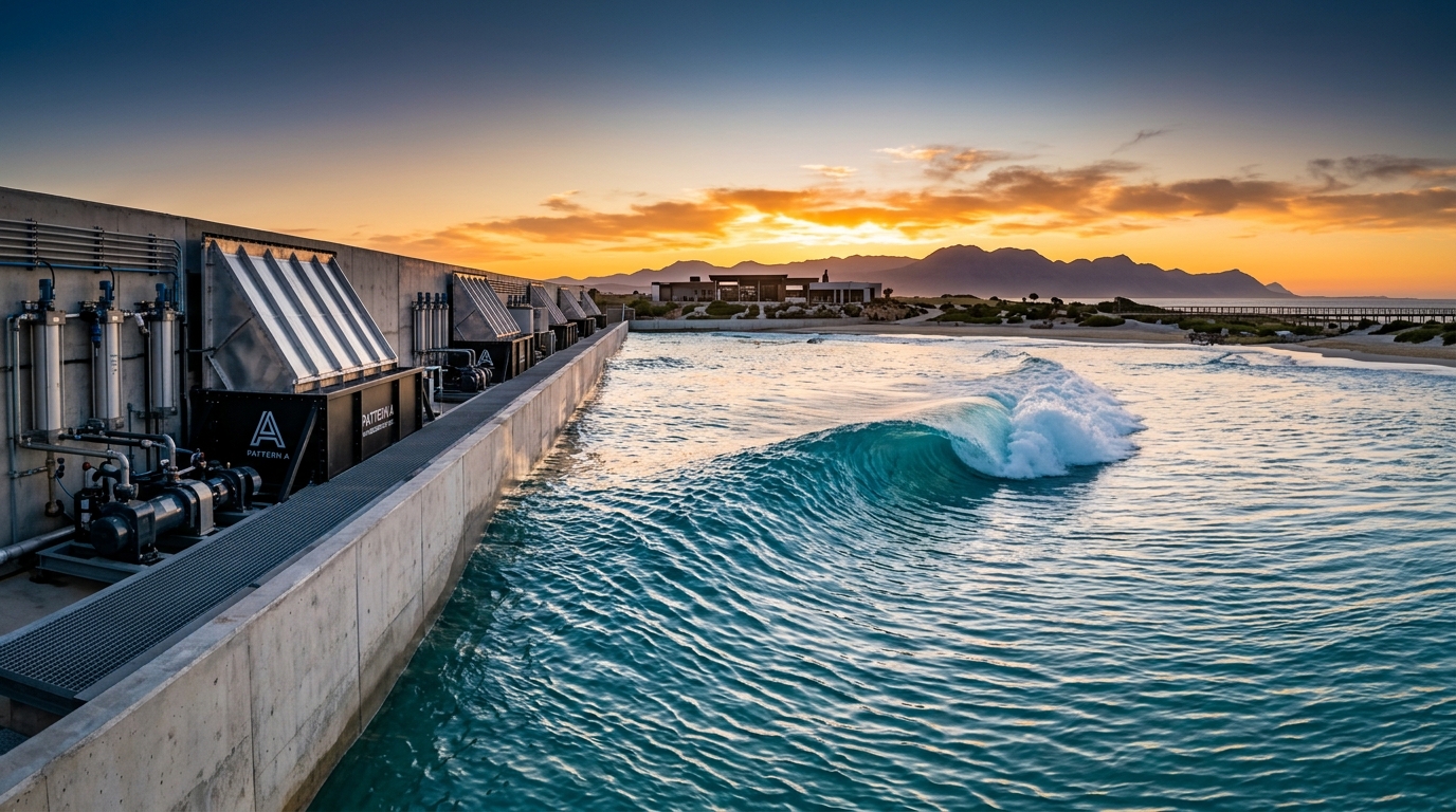 Vague artificielle de surf en France au lever du jour, mécanisme de wave pool visible