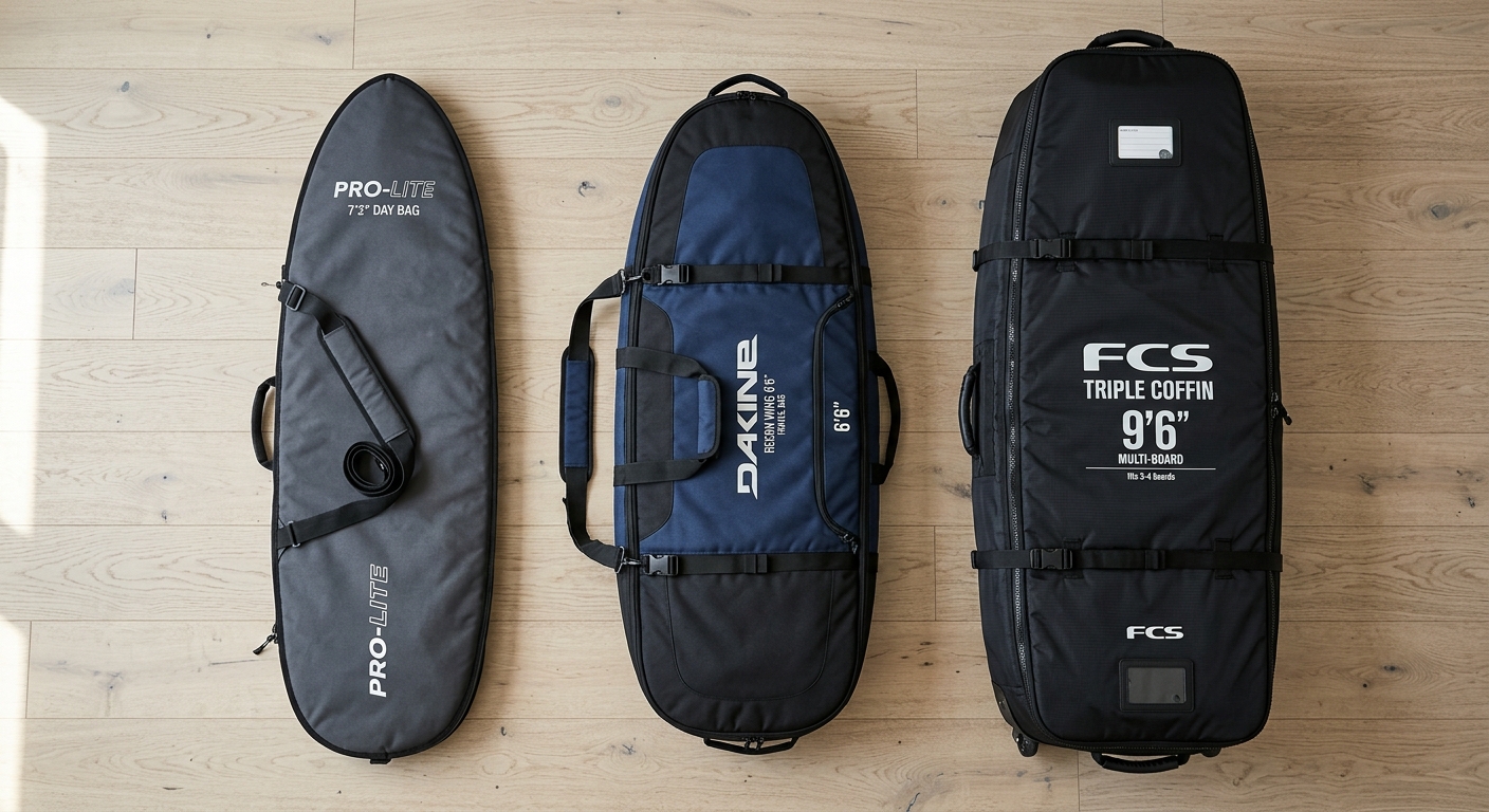 Flat lay de trois housses de planche de surf : day bag, travel bag et coffin bag