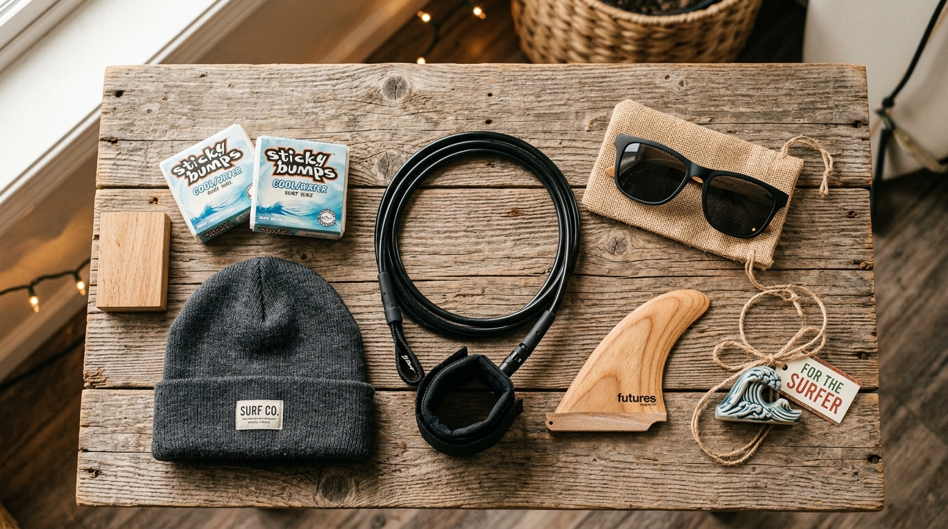 Accessoires de surf présentés comme idées cadeaux pour surfeur sur table en bois