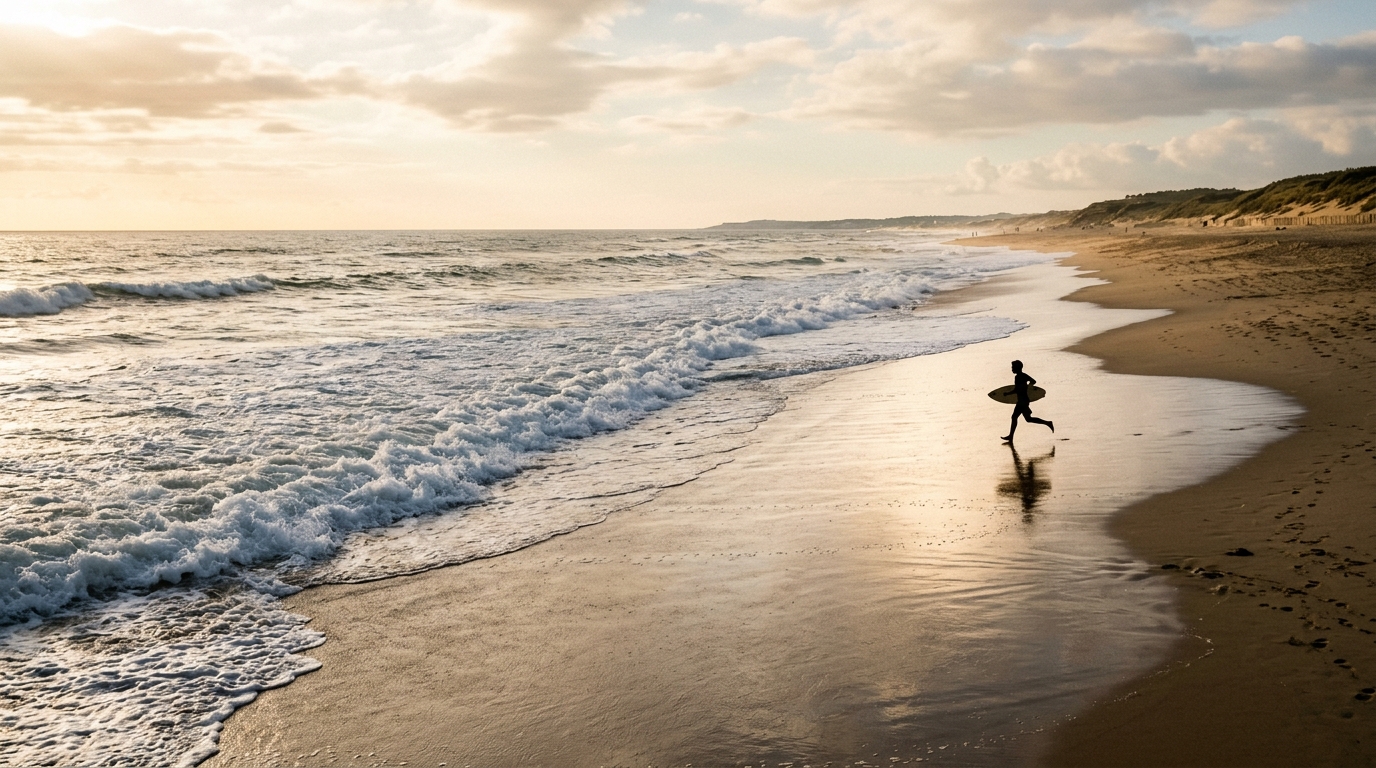 Plage de Hossegor à marée descendante avec rider skimboard en action sur le shore break