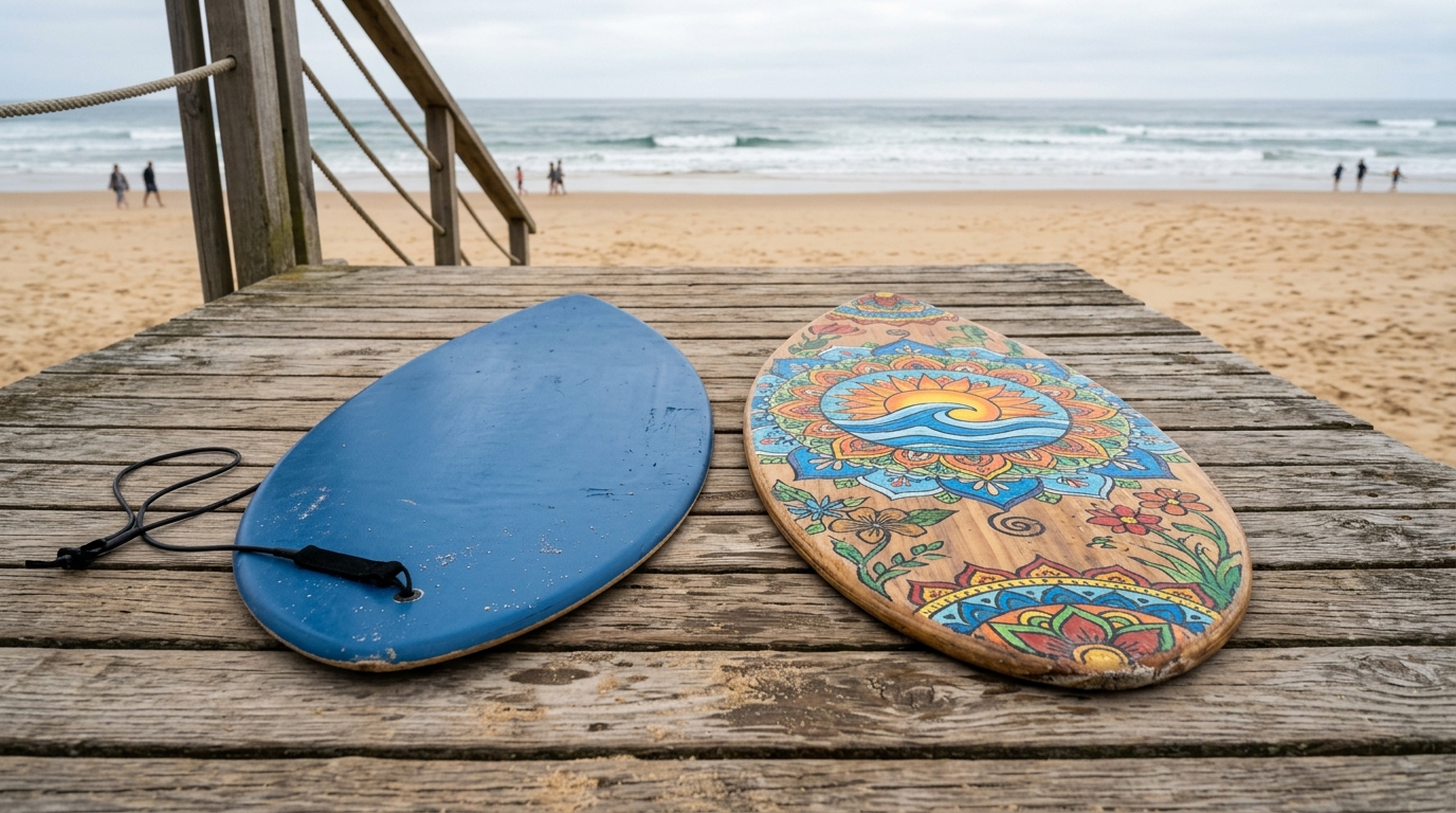 Comparatif visuel skimboard mass-market et skimboard artisanal customisé sur ponton