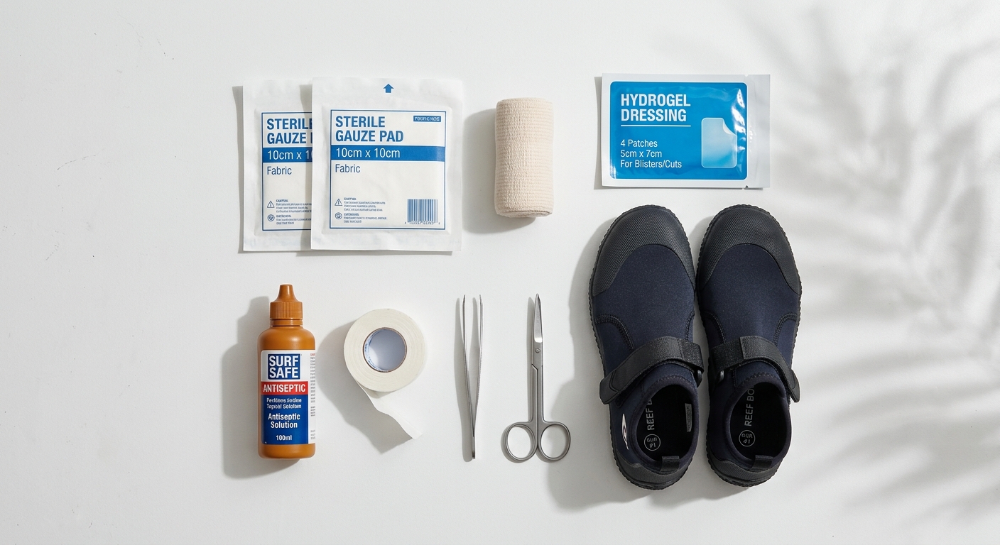 Flat lay kit de premiers secours surf : chaussons reef, bandages, antiseptique