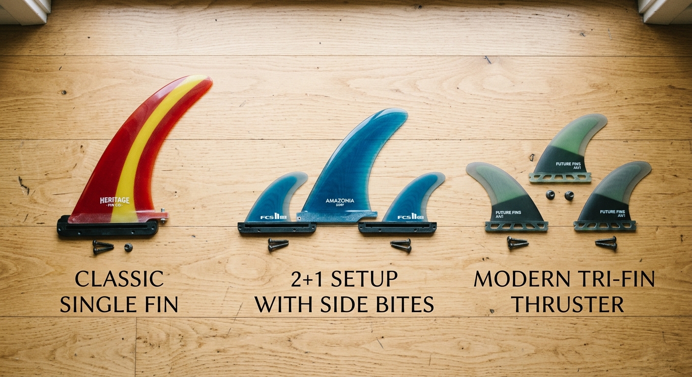 Flat lay comparaison dérives longboard : single fin, 2+1 et thruster