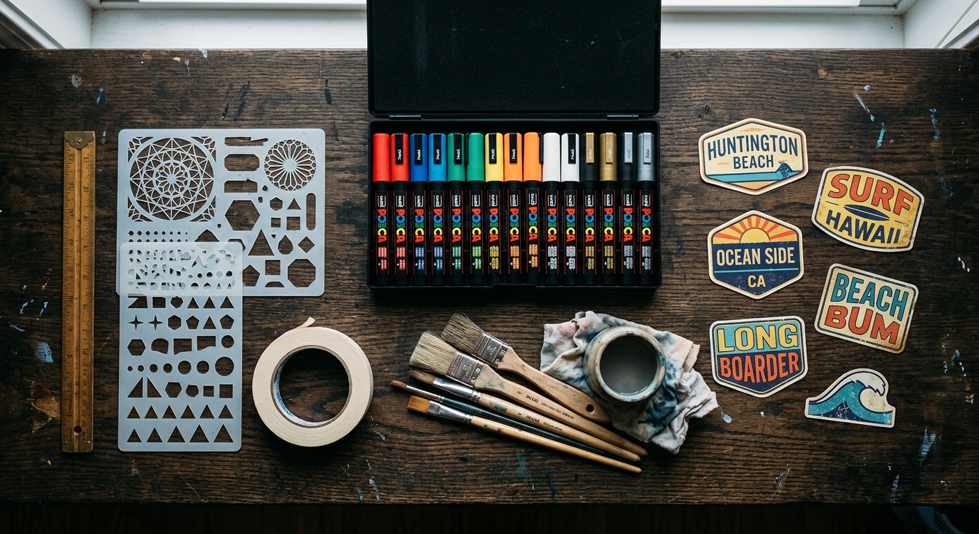 Flat lay outils de décoration de planche de surf : posca, stickers, pochoirs, pinceaux