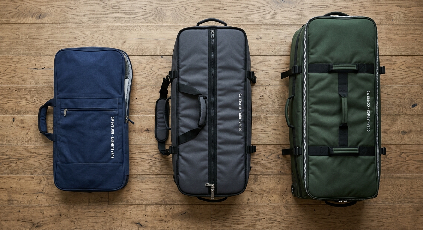Flat lay de 3 housses de planche de surf : day bag, travel bag et coffin