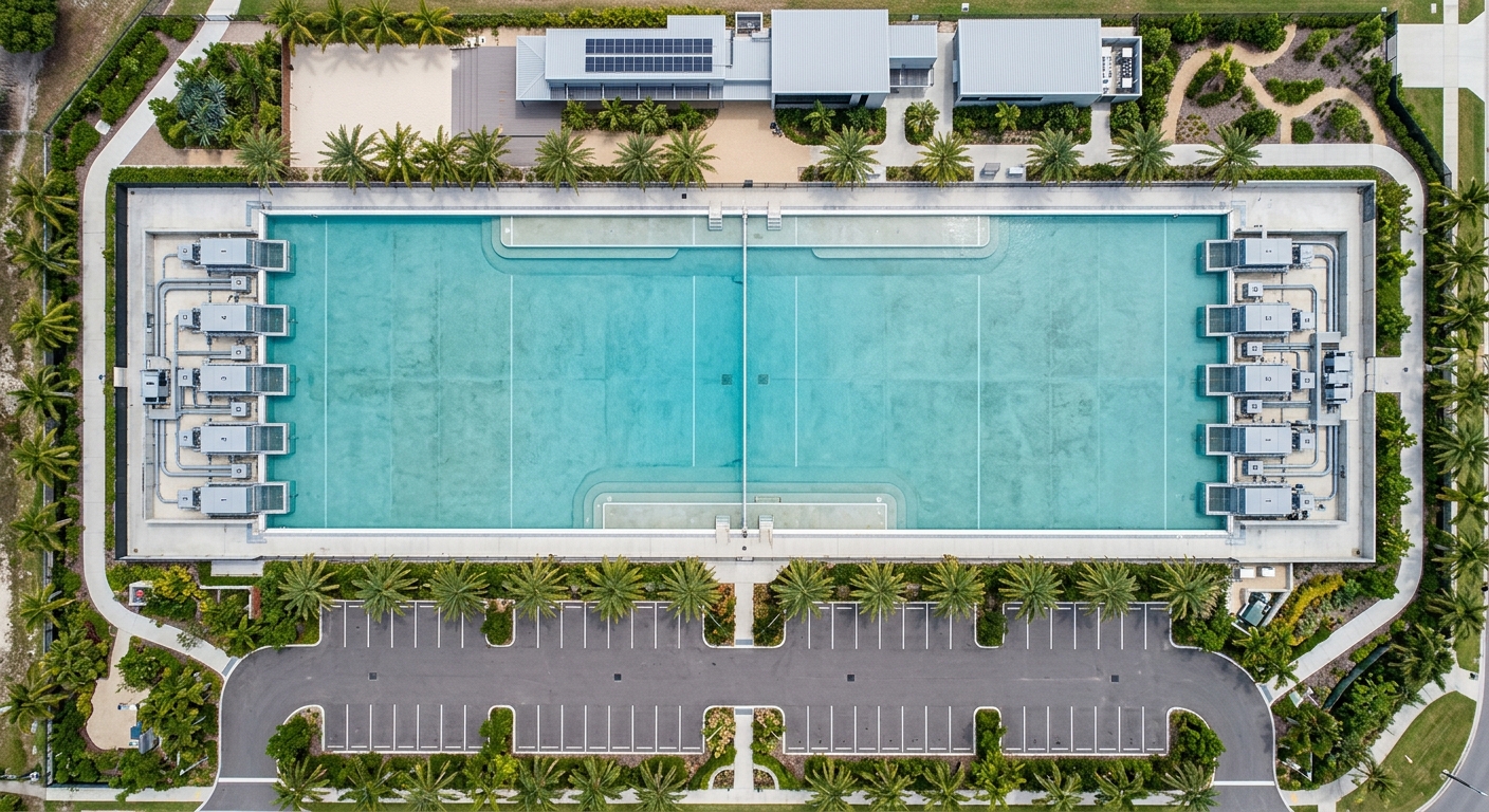 Vue aérienne d'un surf park avec lagon artificiel vide et mécanisme visible