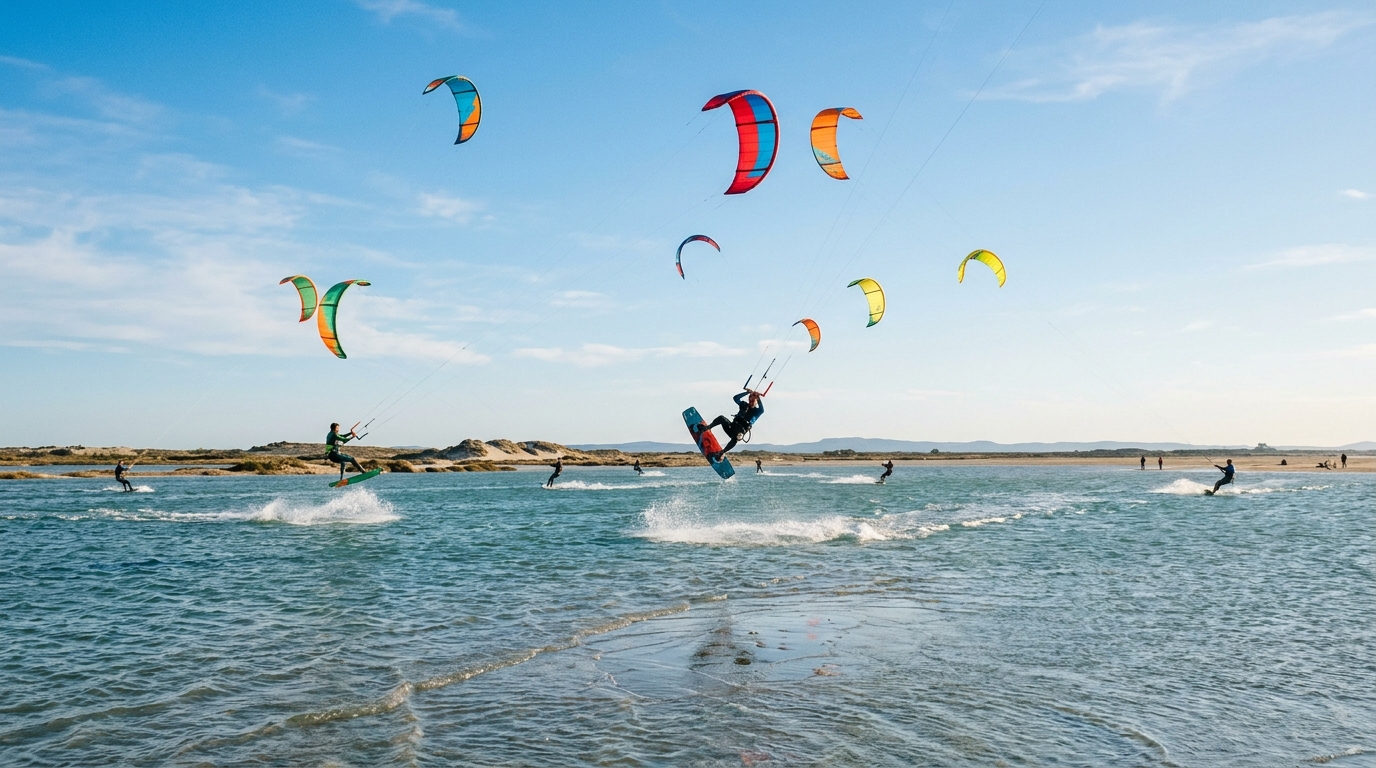 Plusieurs kitesurfeurs en vol sur le lagon de Beauduc en Camargue