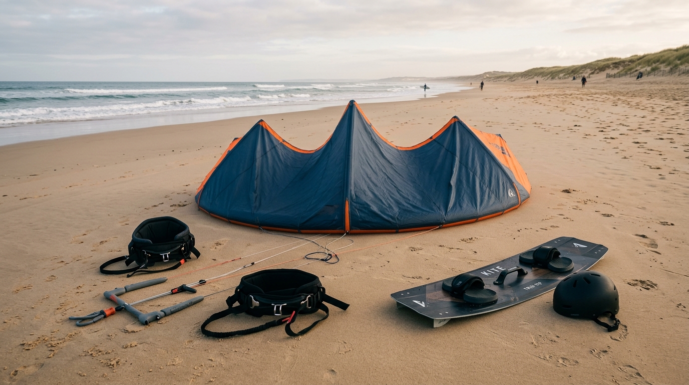 Équipement kitesurf complet déployé sur le sable : kite, barre, harnais, planche