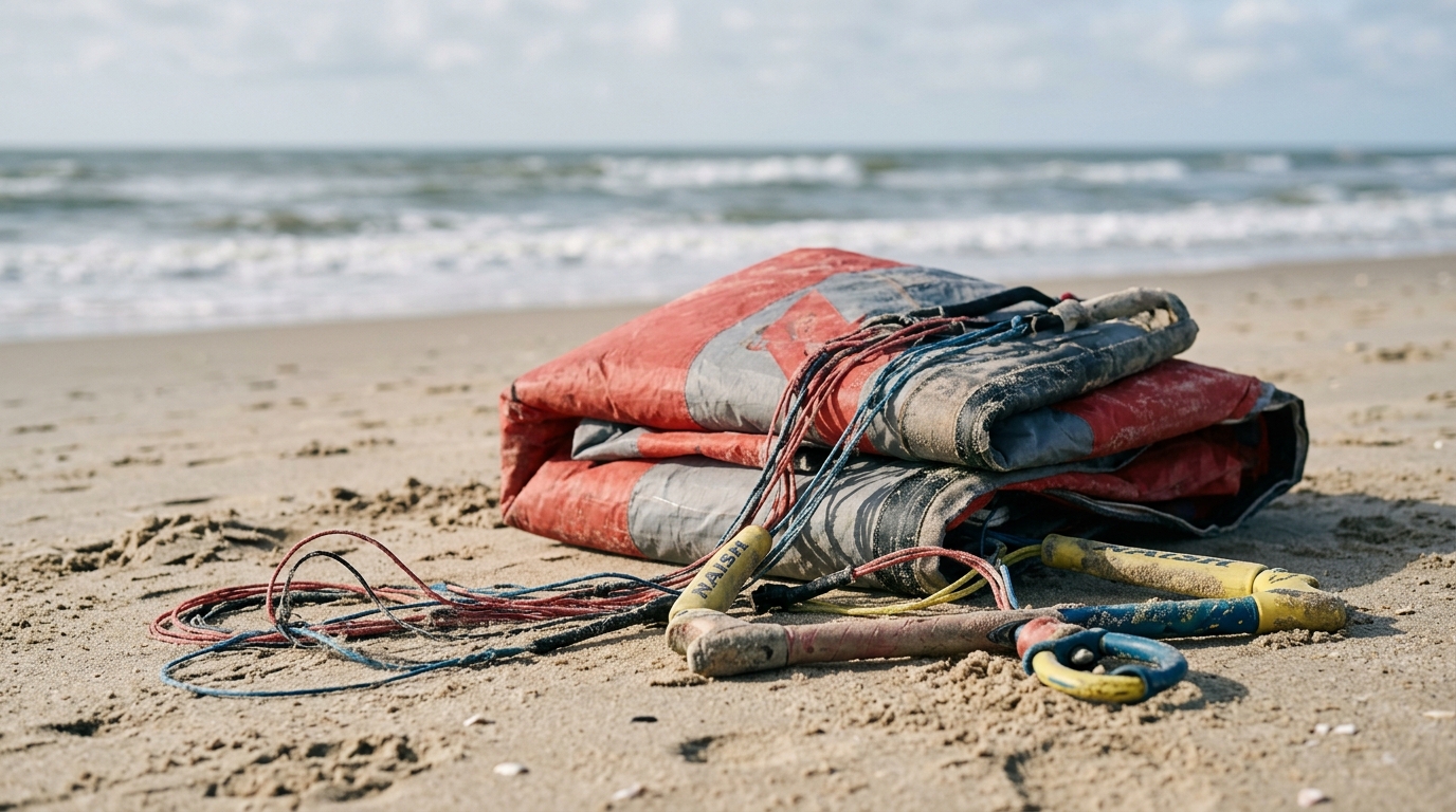 Matériel de kitesurf d'occasion détail aile et barre usées sur la plage
