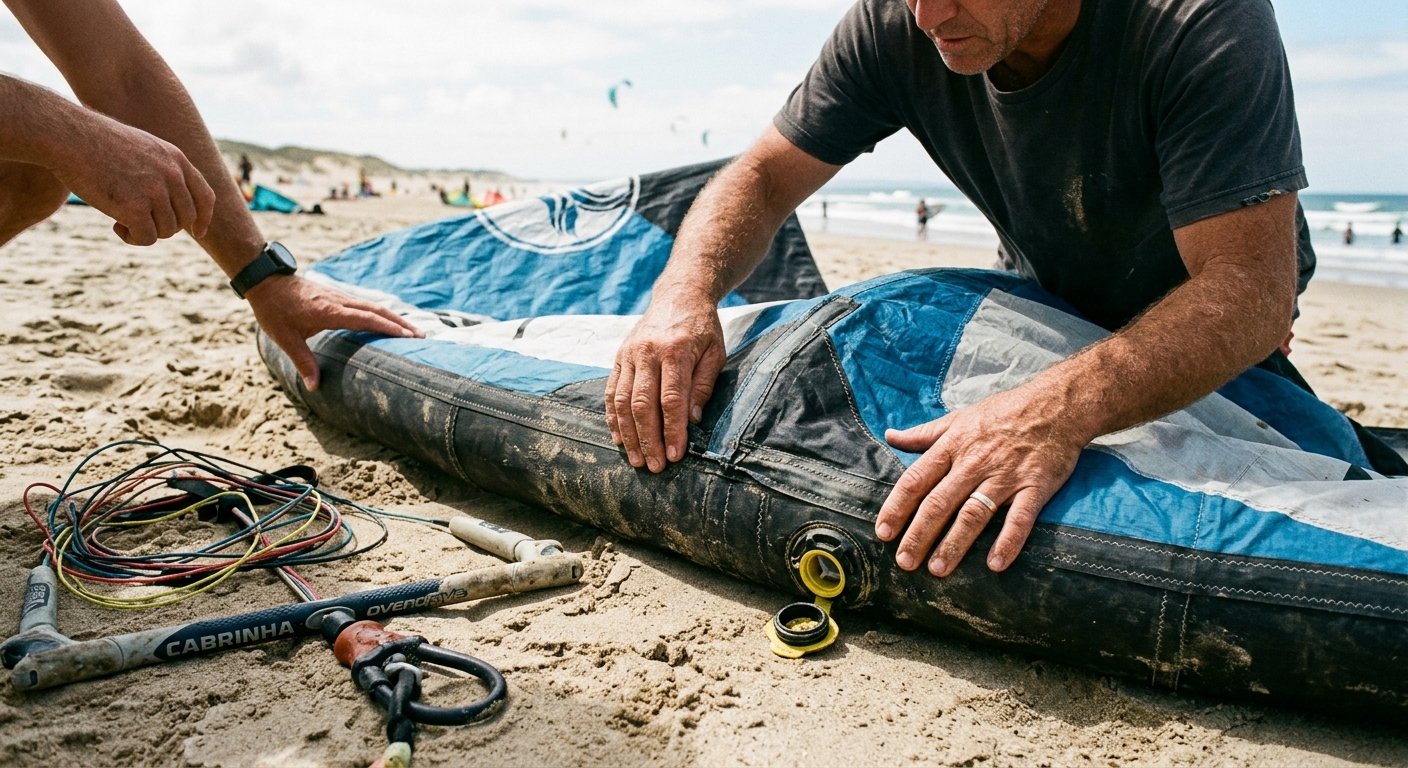 Inspection aile kitesurf d'occasion sur la plage