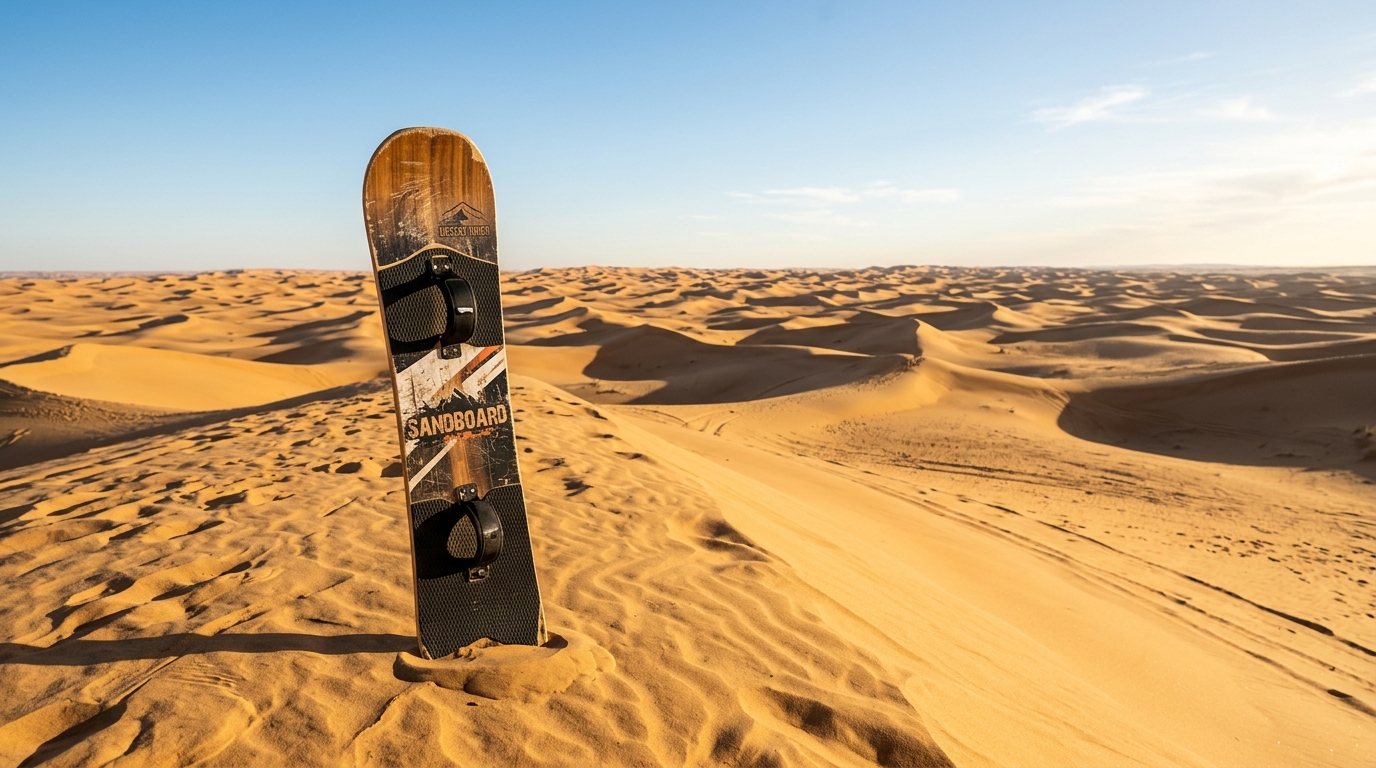 Planche de sandboard plantée dans les dunes de sable du désert