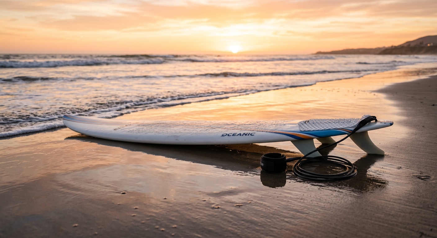 Planche de surf avec leash enroule pose sur le sable mouille au golden hour