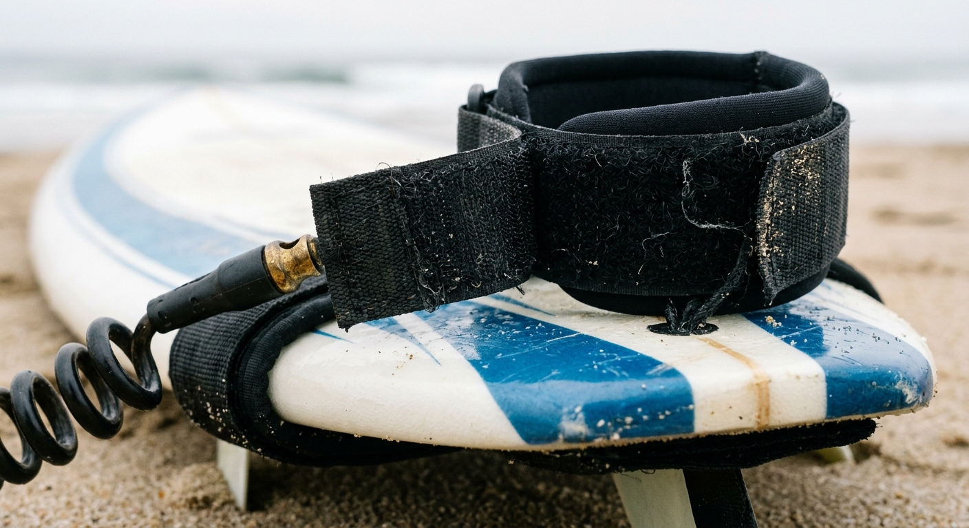 Gros plan macro: bracelet de cheville et rail saver d un leash de surf